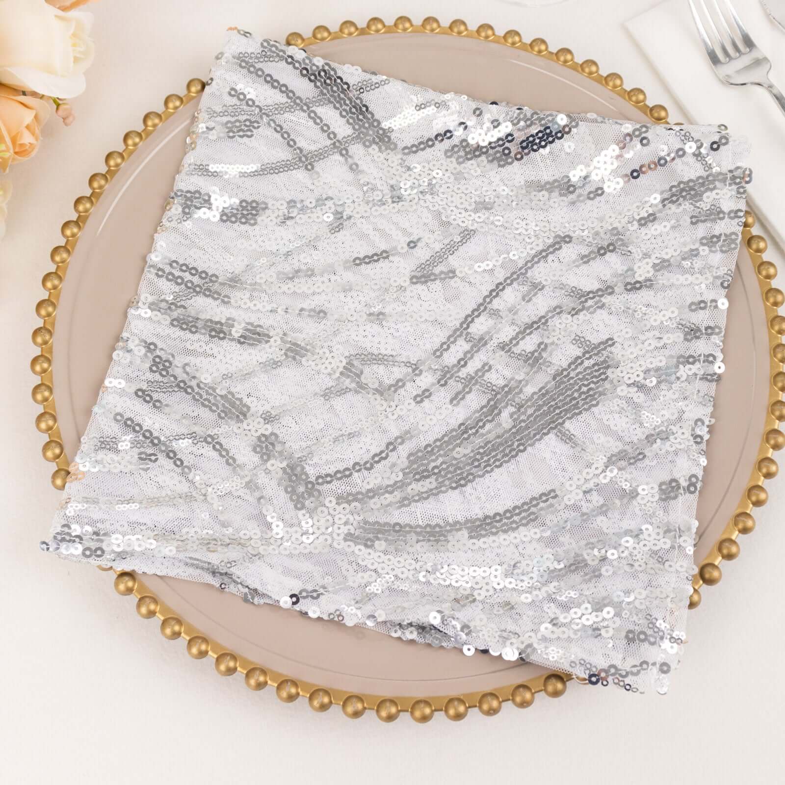 Sequin Mesh Napkin 20"x20" Silver - Wave Embroidered Dinner Napkin - Image 8