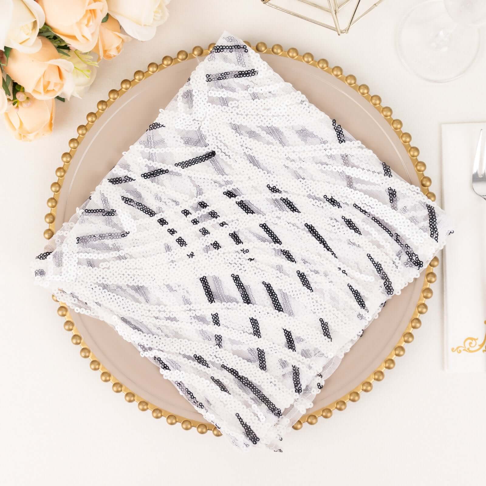 Sequin Mesh Napkin 20"x20" White Black - Wave Embroidered Dinner Napkin - Image 2