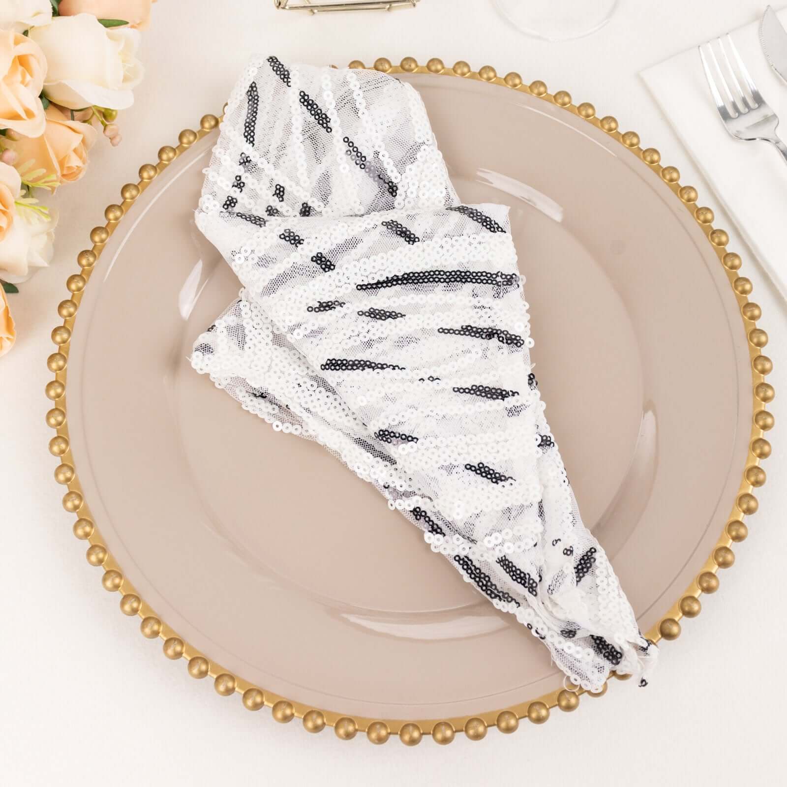 Sequin Mesh Napkin 20"x20" White Black - Wave Embroidered Dinner Napkin - Image 3