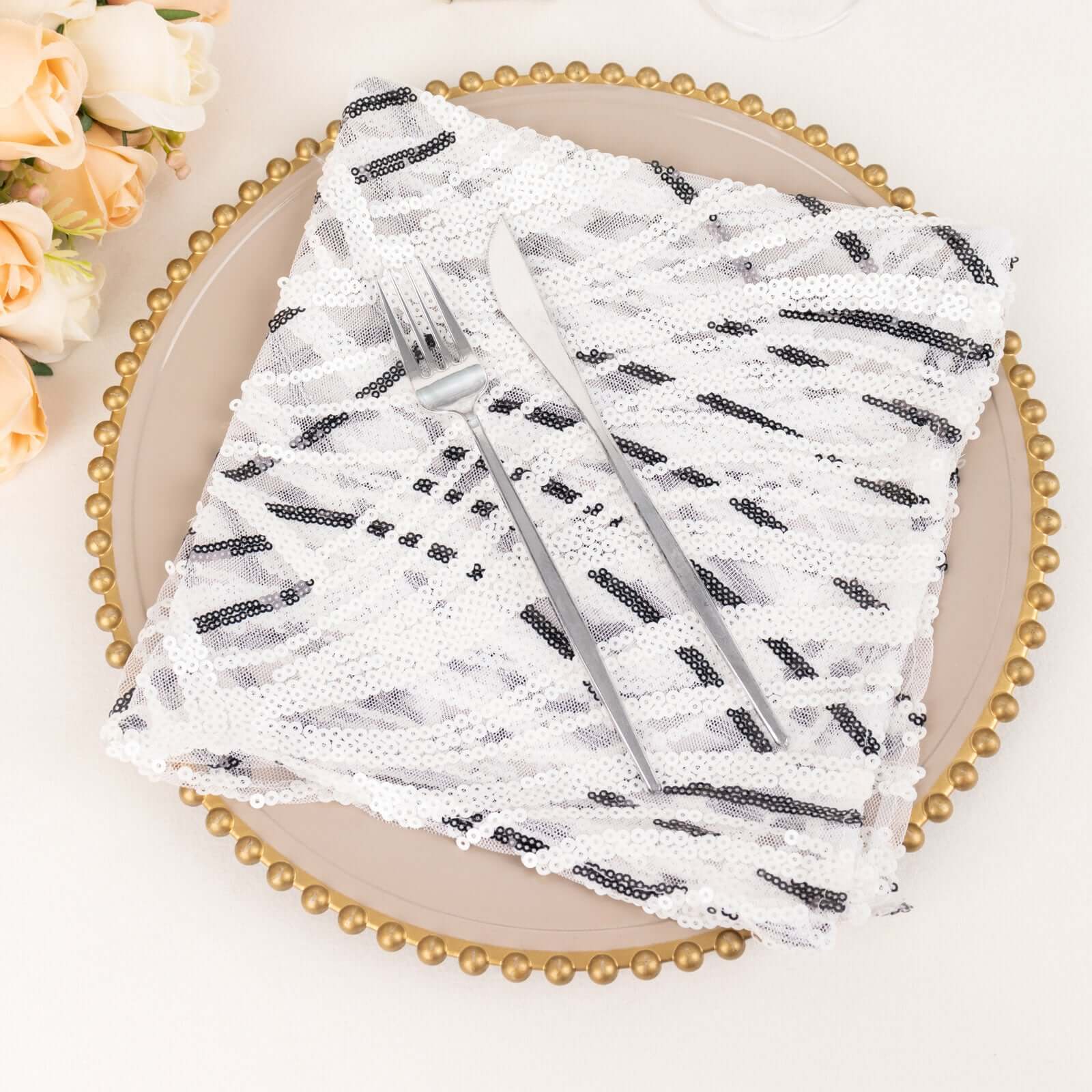 Sequin Mesh Napkin 20"x20" White Black - Wave Embroidered Dinner Napkin - Image 5
