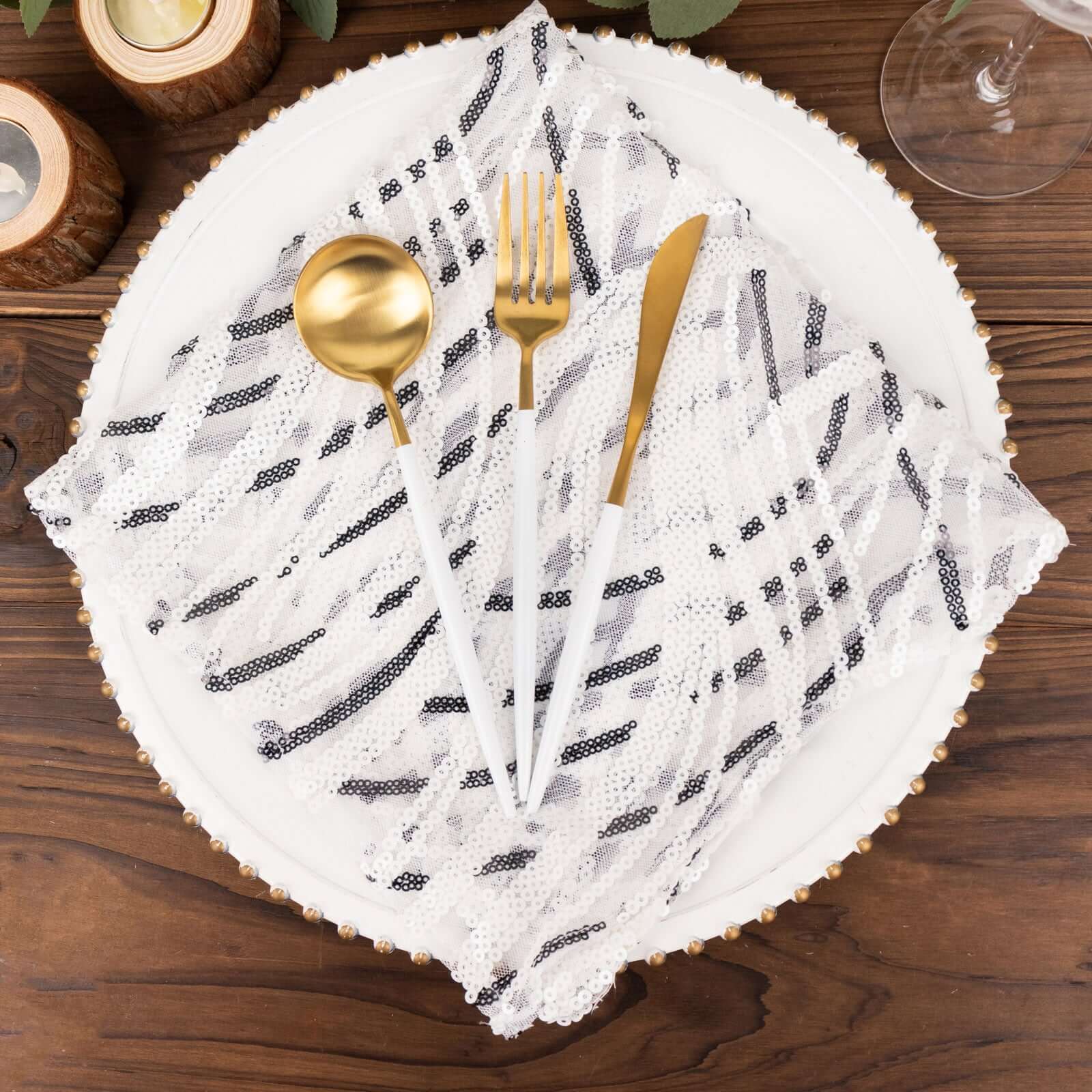 Sequin Mesh Napkin 20"x20" White Black - Wave Embroidered Dinner Napkin - Image 6