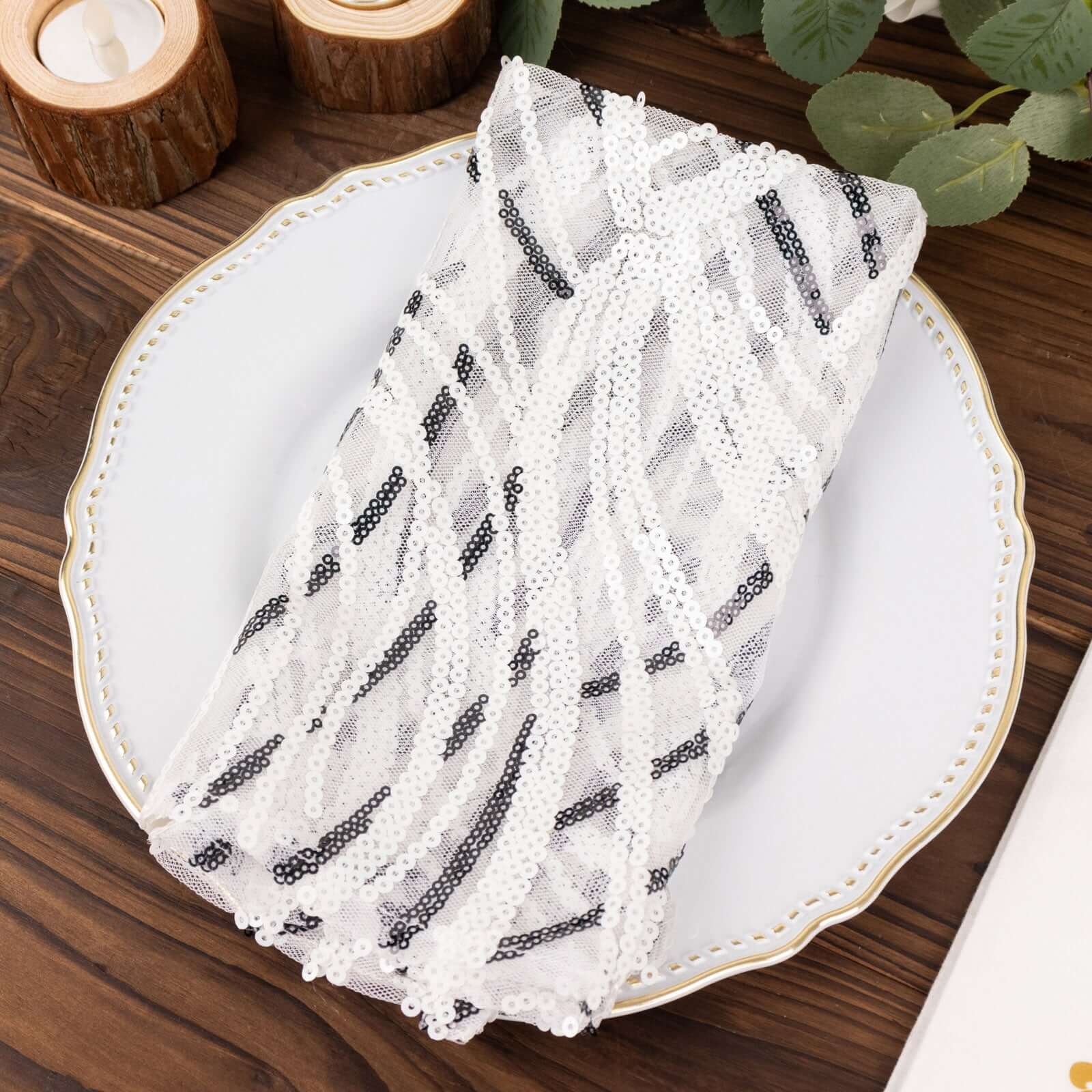 Sequin Mesh Napkin 20"x20" White Black - Wave Embroidered Dinner Napkin - Image 7