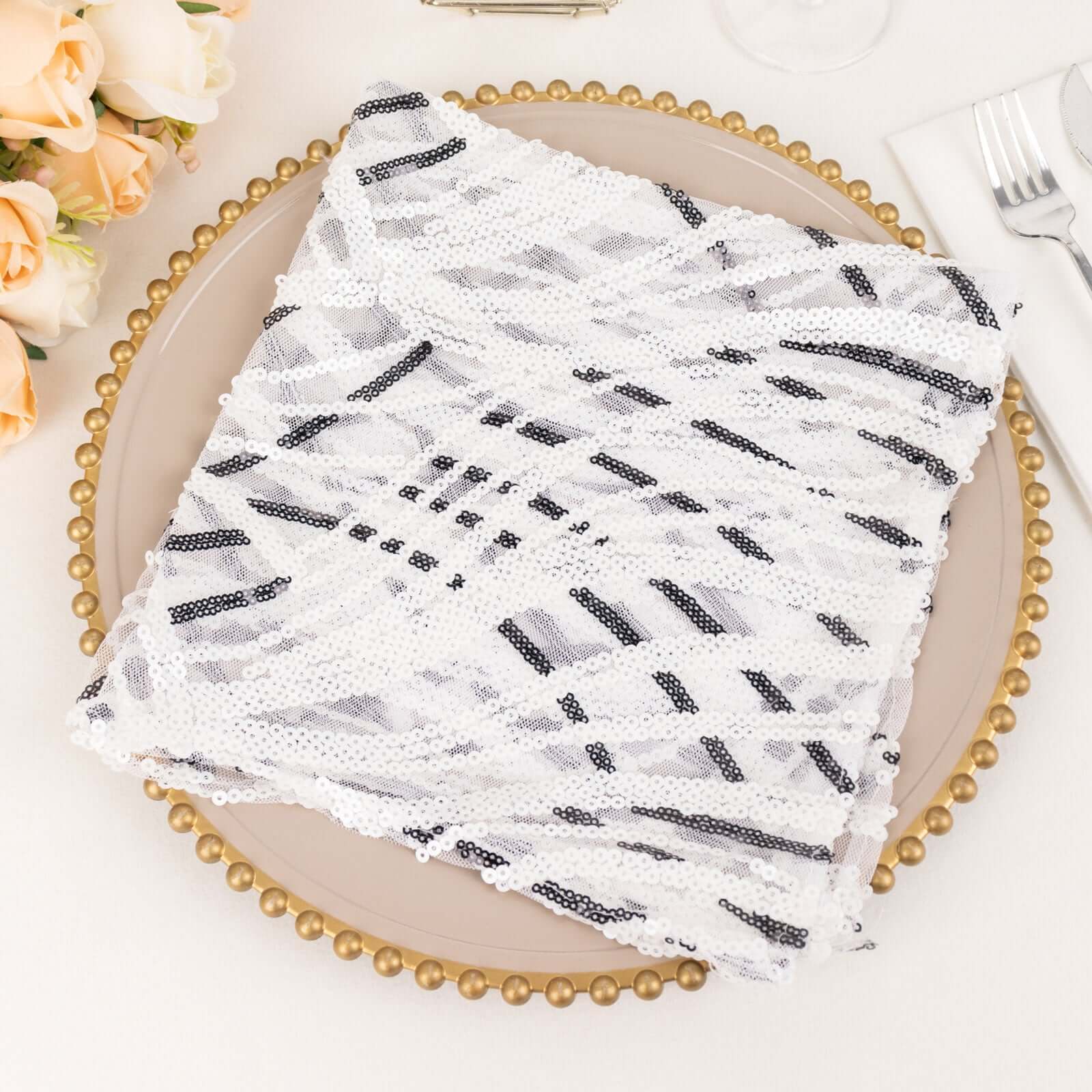 Sequin Mesh Napkin 20"x20" White Black - Wave Embroidered Dinner Napkin - Image 8