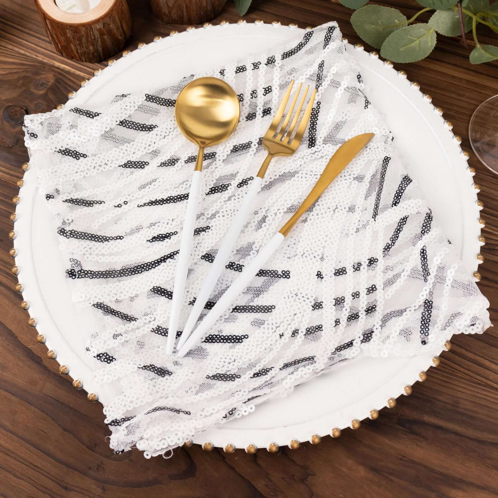 Sequin Mesh Napkin 20"x20" White Black - Wave Embroidered Dinner Napkin - Image 9
