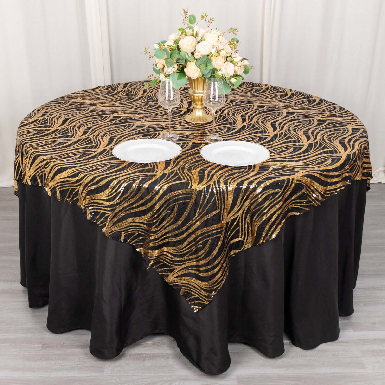 Sequin Mesh Table Overlay 72"x72" Black Gold Wave Embroidered Table Topper