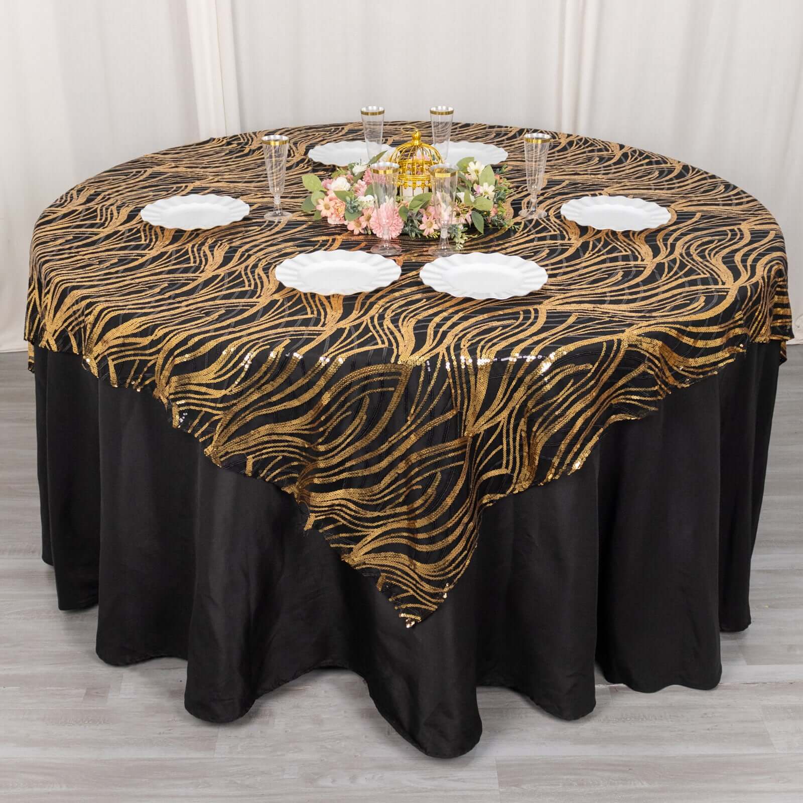 Sequin Mesh Table Overlay 72"x72" Black Gold Wave Embroidered Table Topper - Image 3