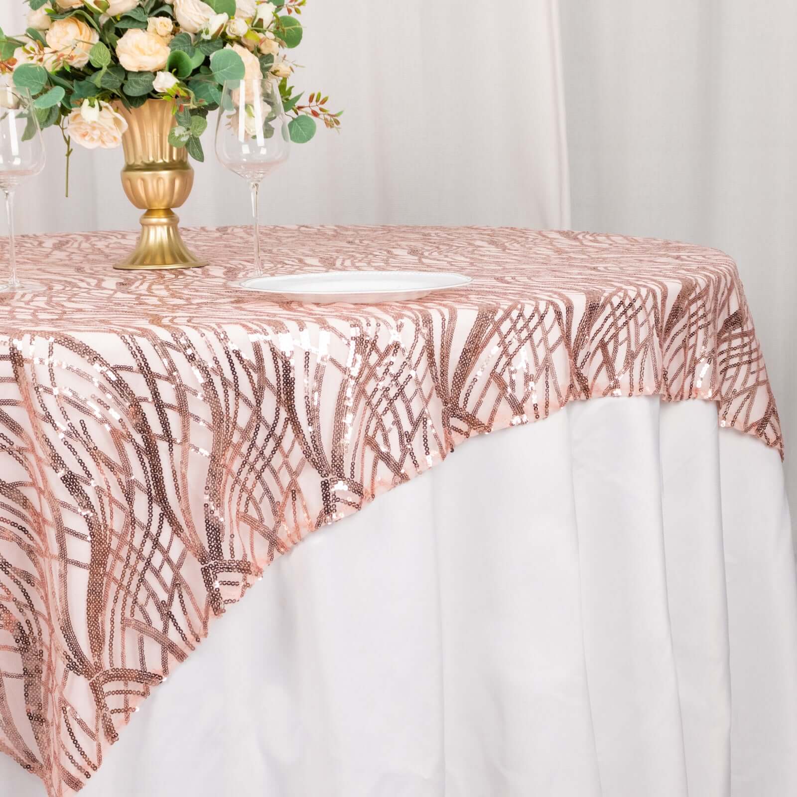 Sequin Mesh Table Overlay 72"x72" Blush Wave Embroidered Table Topper - Image 2