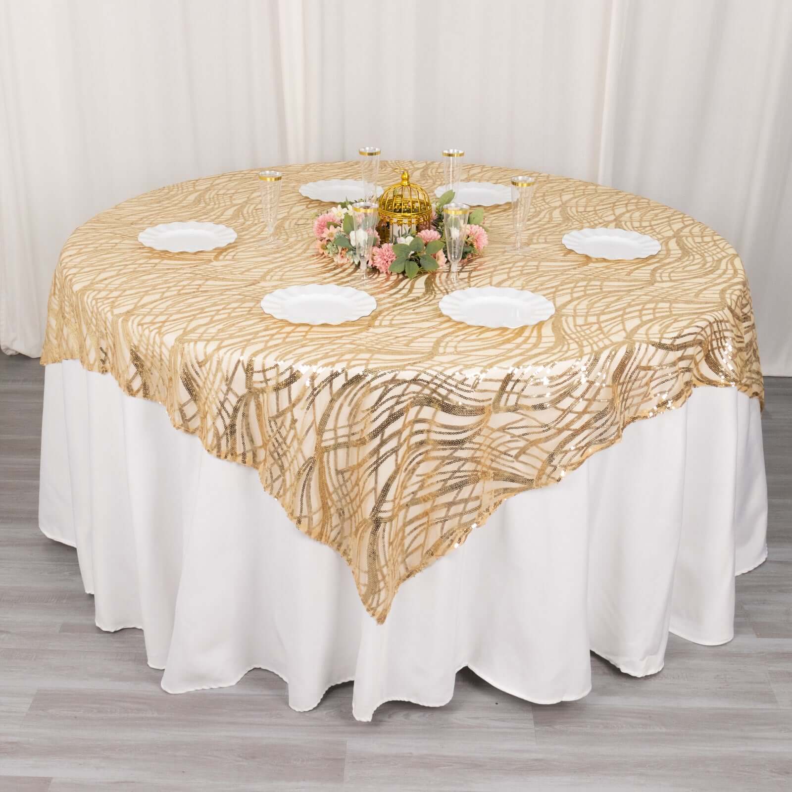 Sequin Mesh Table Overlay 72"x72" Champagne Wave Embroidered Table Topper - Image 3