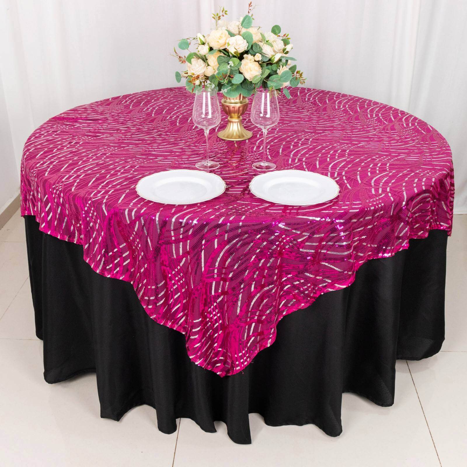 Sequin Mesh Table Overlay 72"x72" Fuchsia Silver Wave Embroidered Table Topper - Image 3