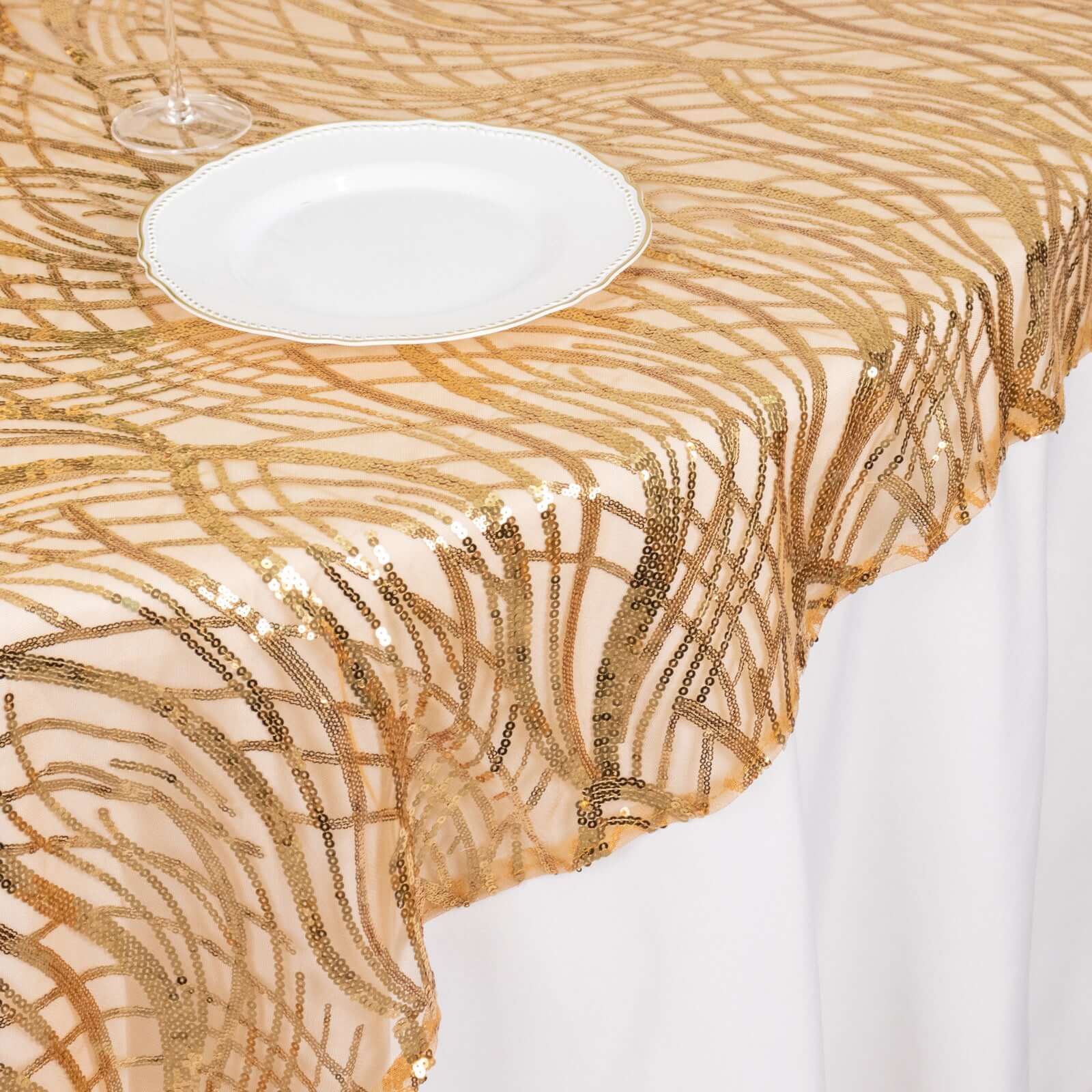 Sequin Mesh Table Overlay 72"x72" Gold Wave Embroidered Design - Stunning Table Topper for Glamorous Occasions - Image 5