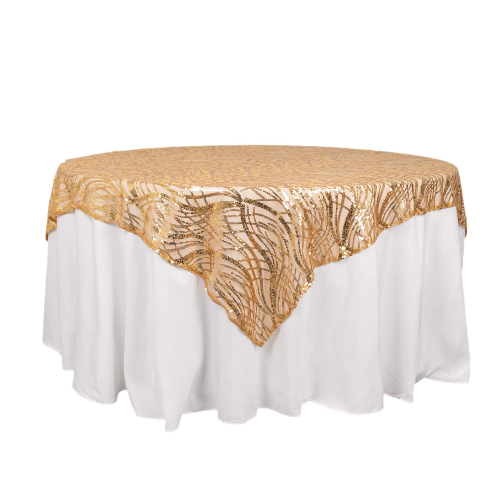 Sequin Mesh Table Overlay 72"x72" Gold Wave Embroidered Design - Stunning Table Topper for Glamorous Occasions - Image 7