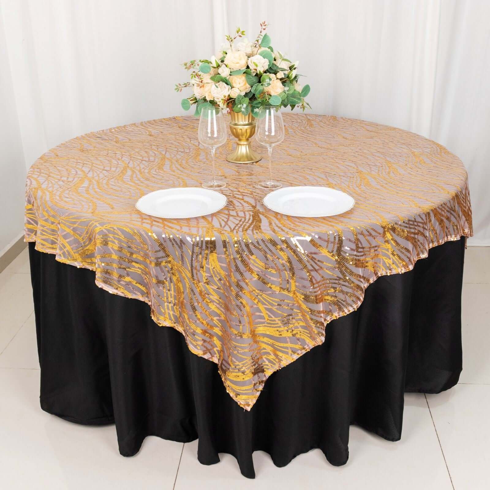Sequin Mesh Table Overlay 72"x72" Rose Gold Wave Embroidered Table Topper - Image 3