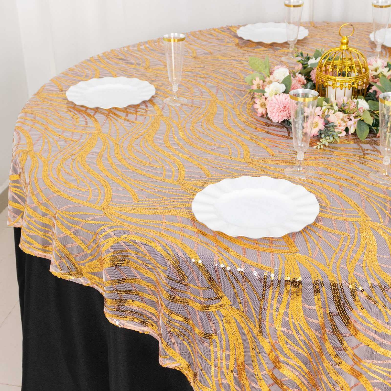 Sequin Mesh Table Overlay 72"x72" Rose Gold Wave Embroidered Table Topper - Image 4