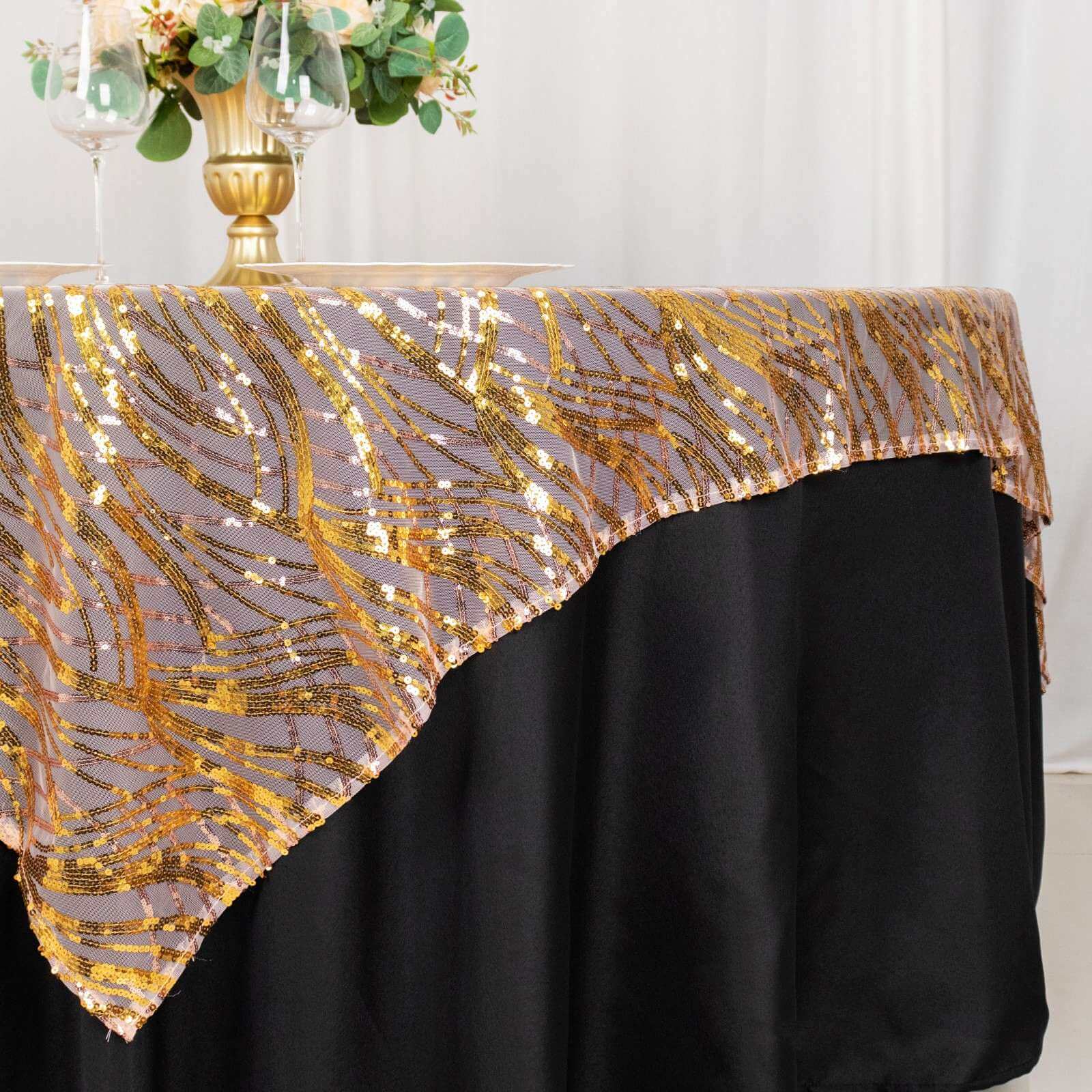 Sequin Mesh Table Overlay 72"x72" Rose Gold Wave Embroidered Table Topper - Image 5