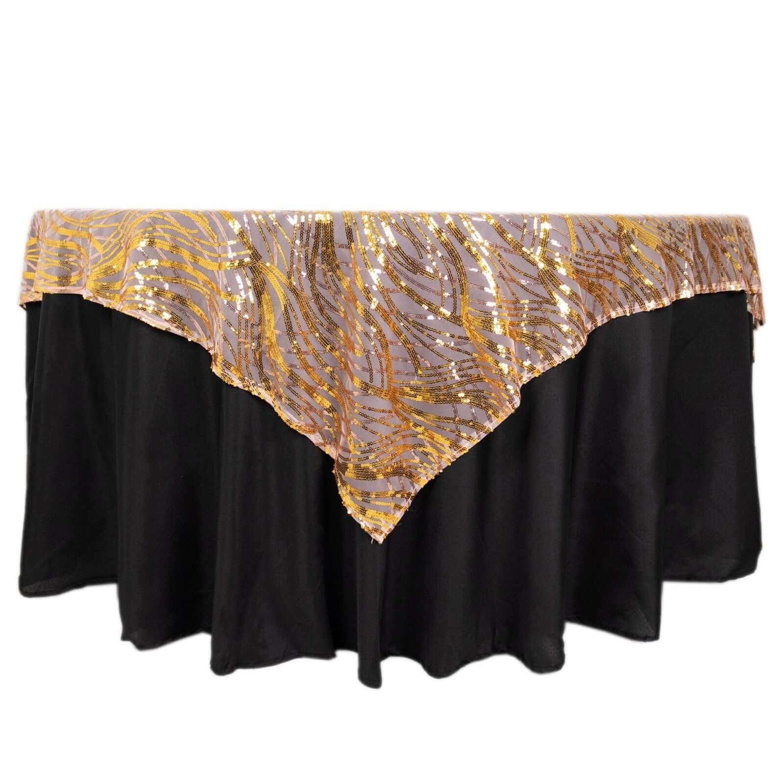 Sequin Mesh Table Overlay 72"x72" Rose Gold Wave Embroidered Table Topper - Image 7