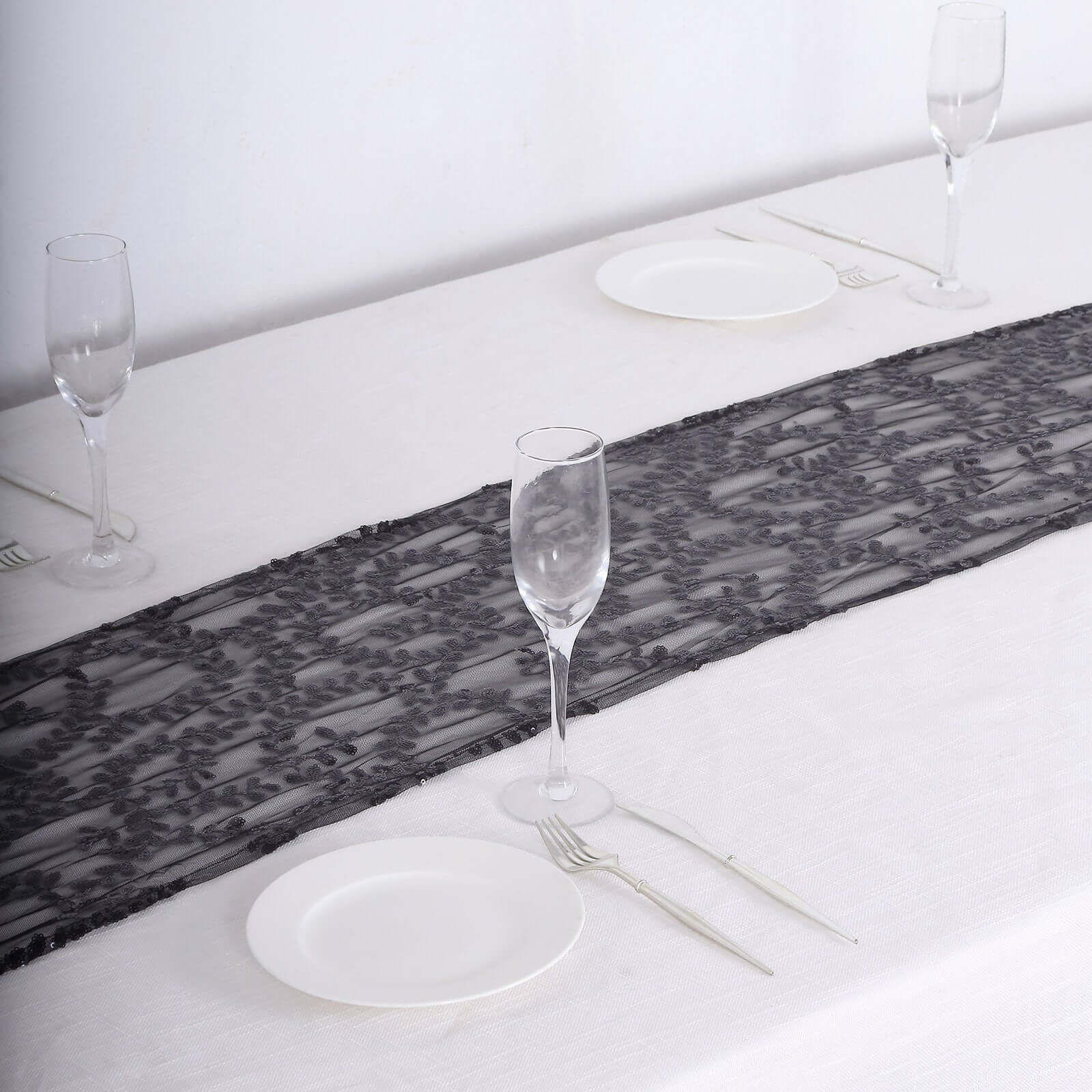 Sequin Mesh Table Runner 12"x108" Black Leaf Vine Embroidered Design - Image 9