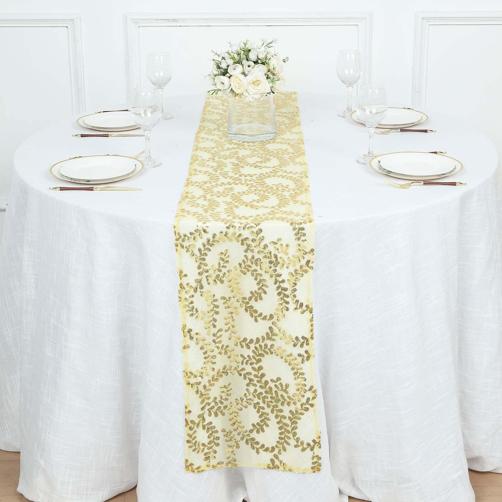 Sequin Mesh Table Runner 12"x108" Gold Leaf Vine Embroidered Design Perfect for Luxe Occasions - Image 5
