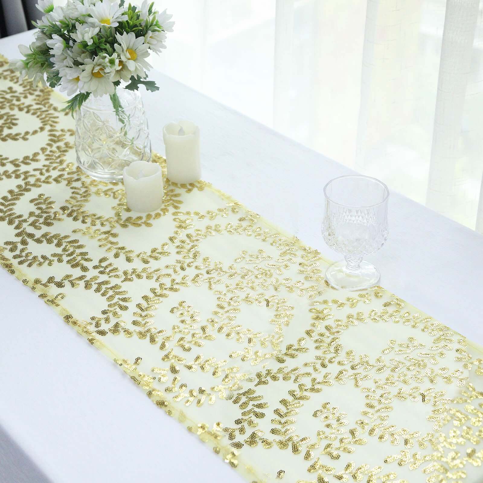 Sequin Mesh Table Runner 12"x108" Gold Leaf Vine Embroidered Design Perfect for Luxe Occasions - Image 7