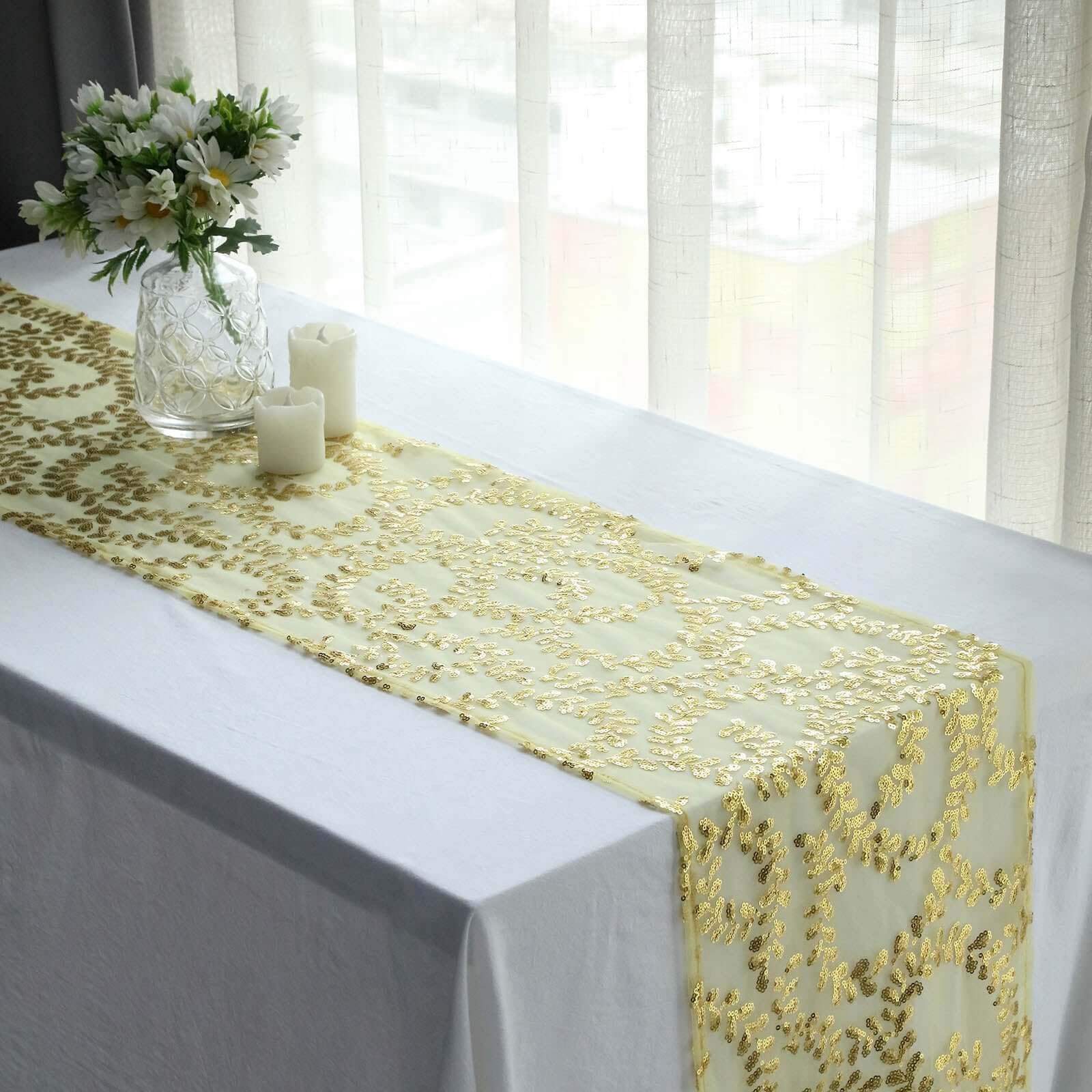 Sequin Mesh Table Runner 12"x108" Gold Leaf Vine Embroidered Design Perfect for Luxe Occasions - Image 8