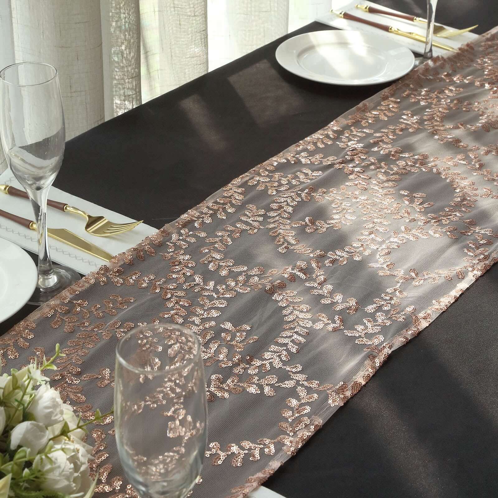 Sequin Mesh Table Runner 12"x108" Rose Gold Leaf Vine Embroidered Design - Image 11