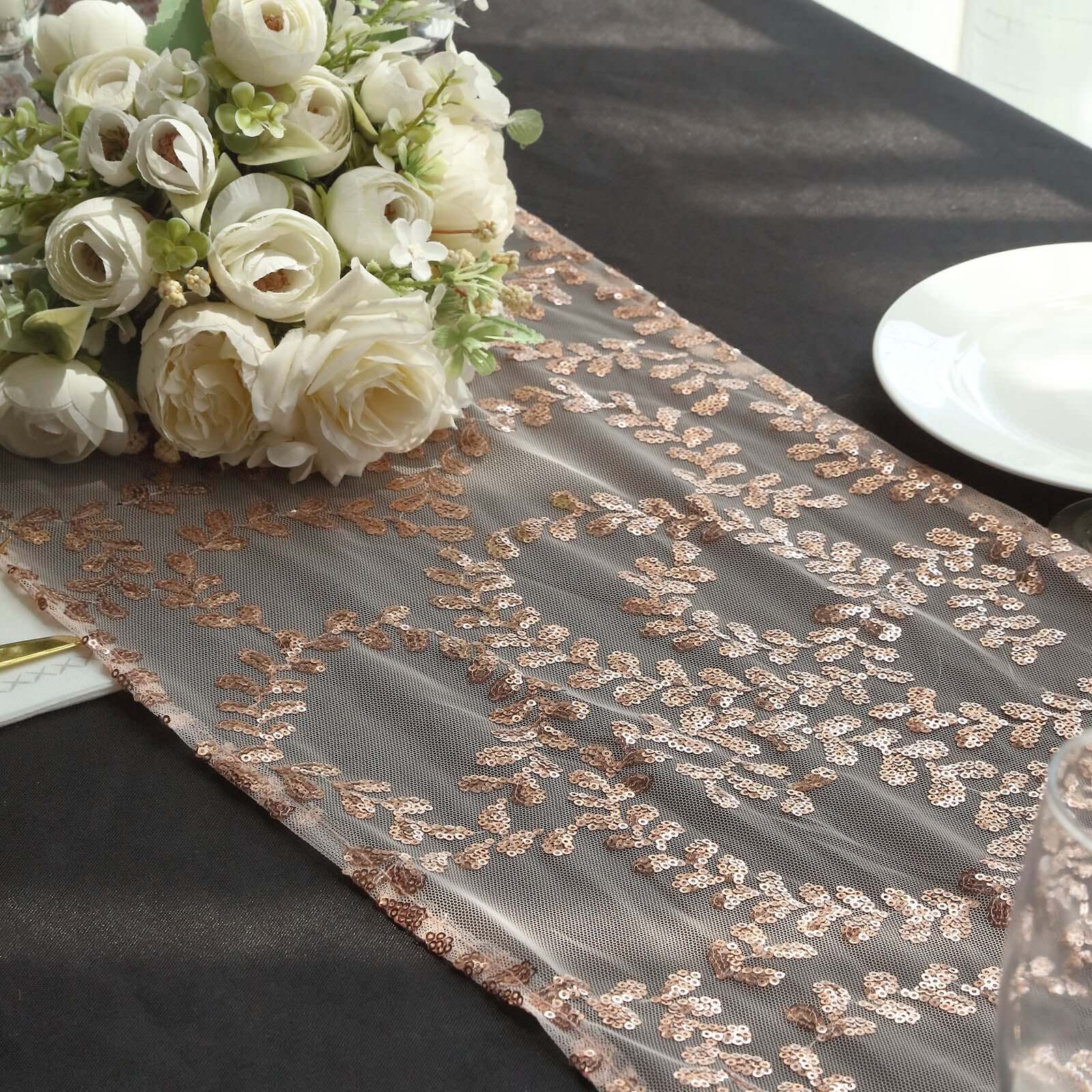 Sequin Mesh Table Runner 12"x108" Rose Gold Leaf Vine Embroidered Design - Image 12