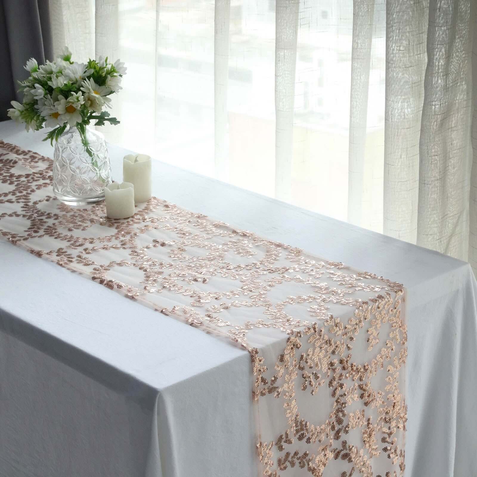 Sequin Mesh Table Runner 12"x108" Rose Gold Leaf Vine Embroidered Design - Image 13