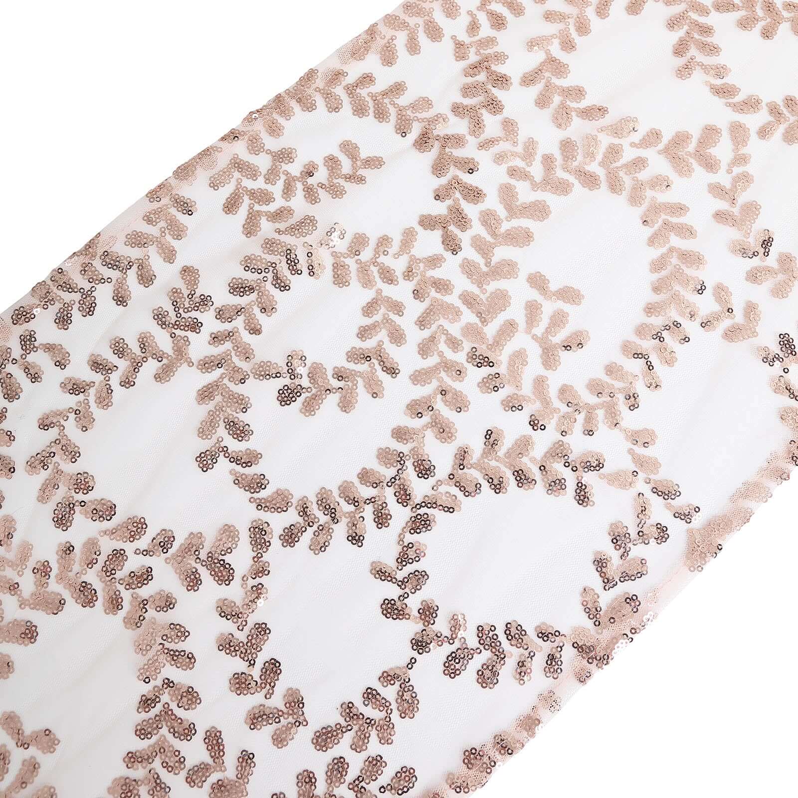 Sequin Mesh Table Runner 12"x108" Rose Gold Leaf Vine Embroidered Design - Image 3