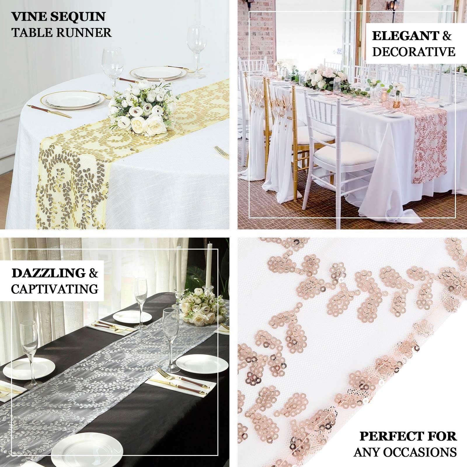 Sequin Mesh Table Runner 12"x108" Rose Gold Leaf Vine Embroidered Design - Image 4