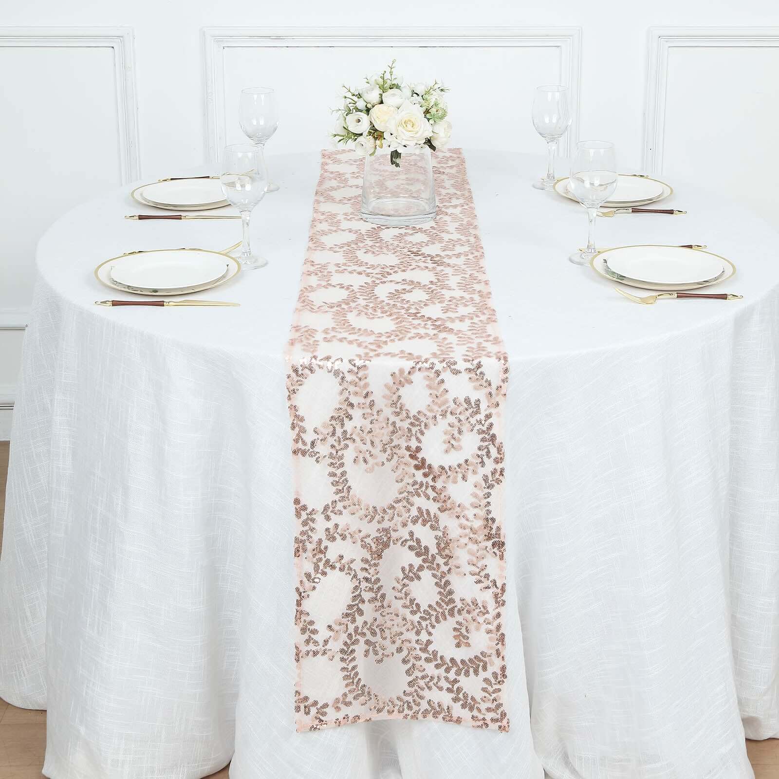 Sequin Mesh Table Runner 12"x108" Rose Gold Leaf Vine Embroidered Design - Image 5