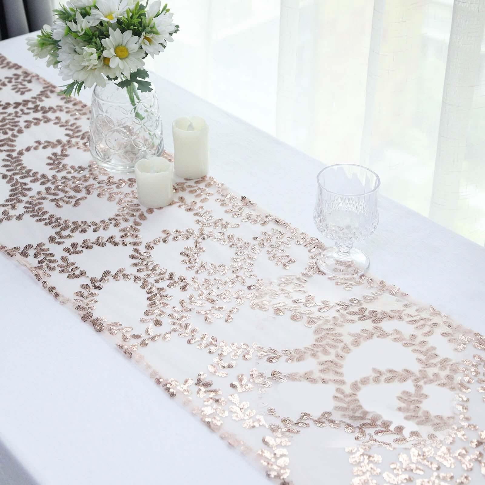 Sequin Mesh Table Runner 12"x108" Rose Gold Leaf Vine Embroidered Design - Image 7