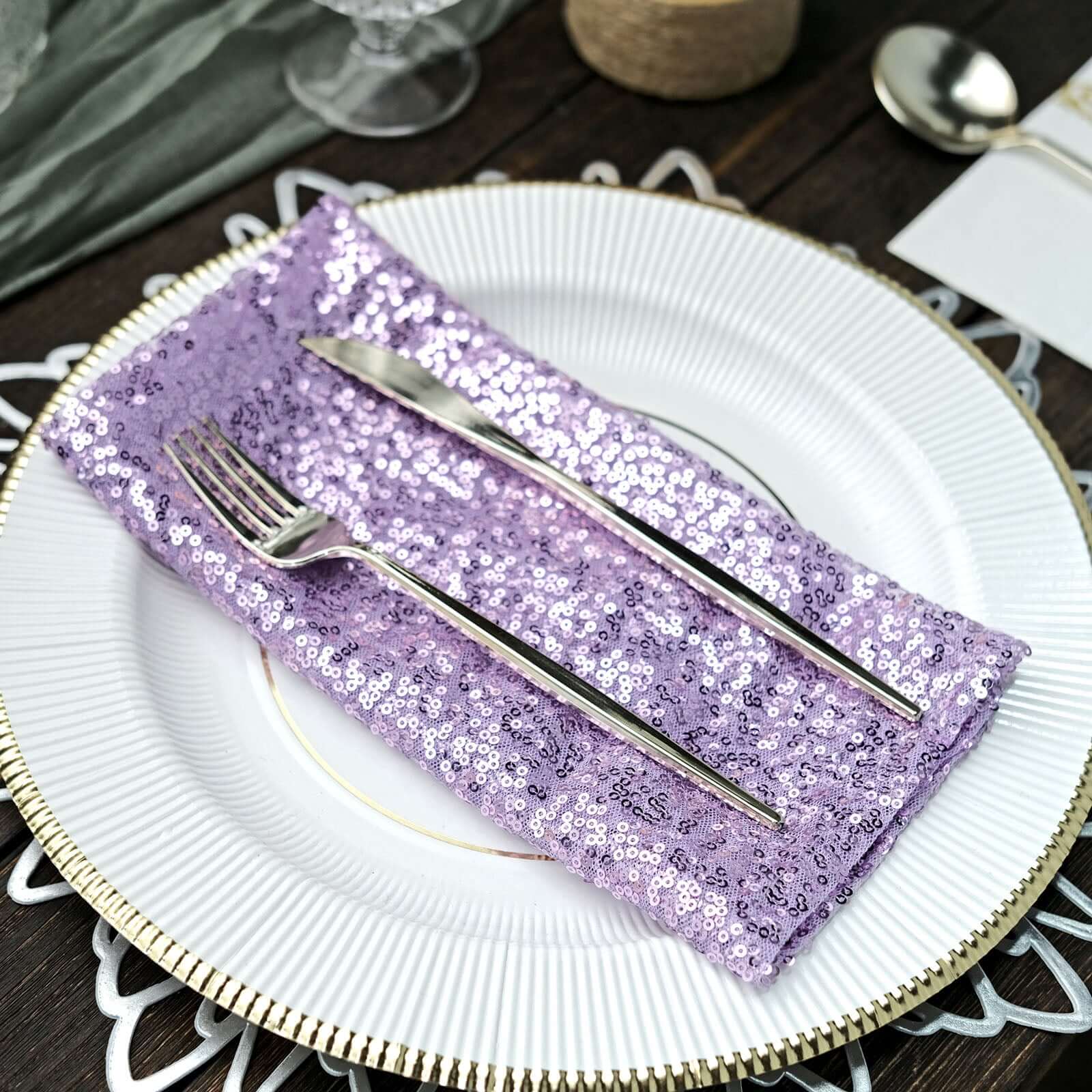 Sequin Napkin 20"x20" Lavender Lilac - Sparkling Reusable Cloth Napkin - Image 3