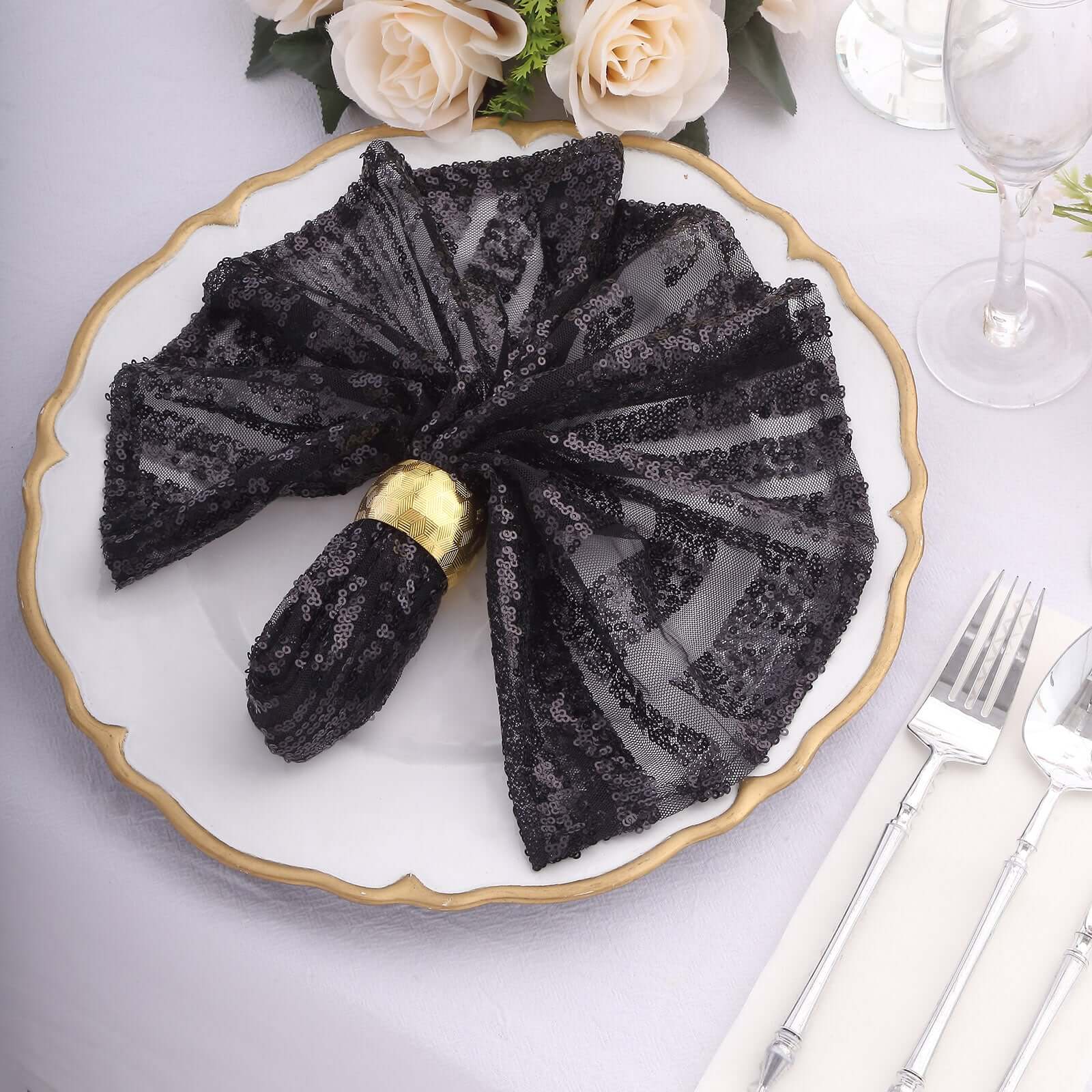 Sequin Napkins 20"x20" Black - Diamond Pattern Reusable Dinner Napkins