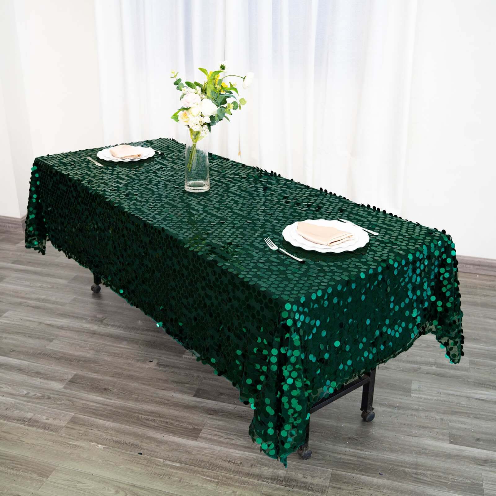 Sequin Rectangle Tablecloth 60"x102" Hunter Emerald Green with Big Payette Design - Shimmering Table Cover - Image 12