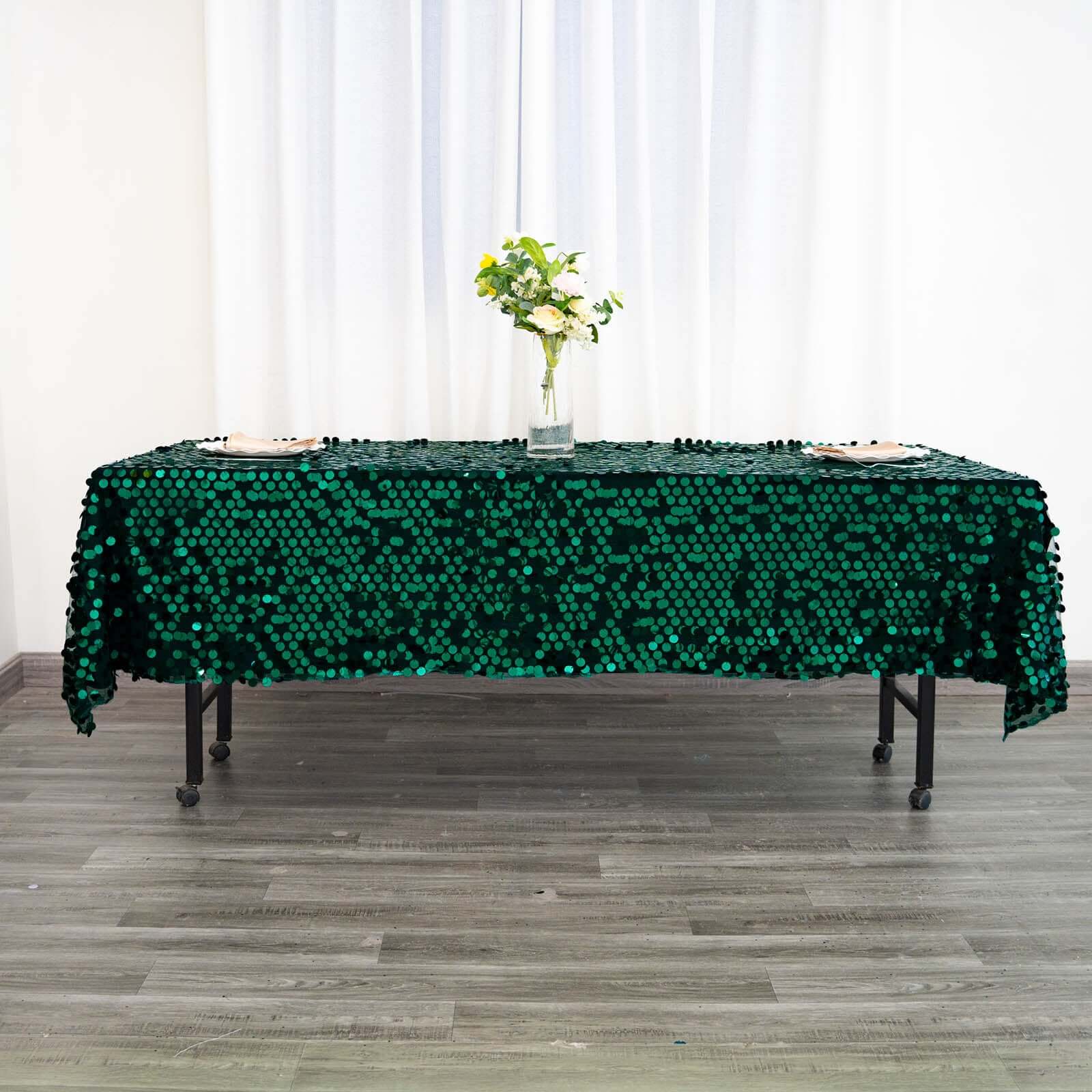 Sequin Rectangle Tablecloth 60"x102" Hunter Emerald Green with Big Payette Design - Shimmering Table Cover - Image 5