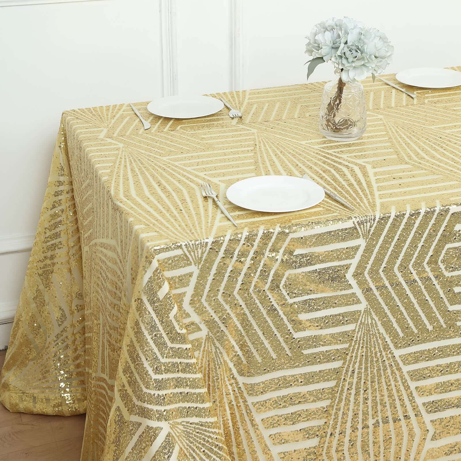 Sequin Rectangle Tablecloth 90"x132" Gold with Diamond Pattern Design - Seamless Shimmering Decor for Special Occasions - Image 2