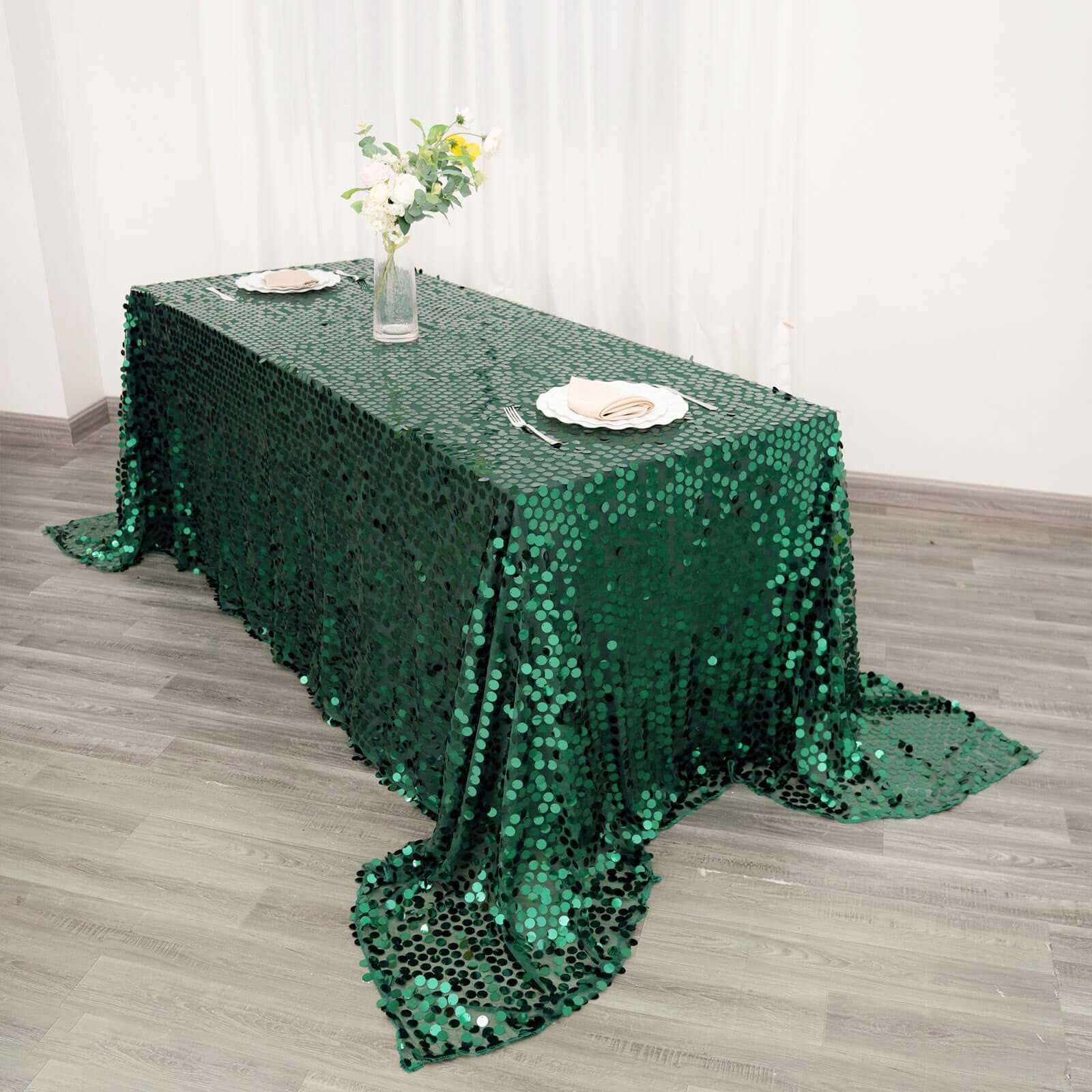 Sequin Rectangle Tablecloth 90"x132" Hunter Emerald Green - Big Payette Seamless Table Cover - Image 2