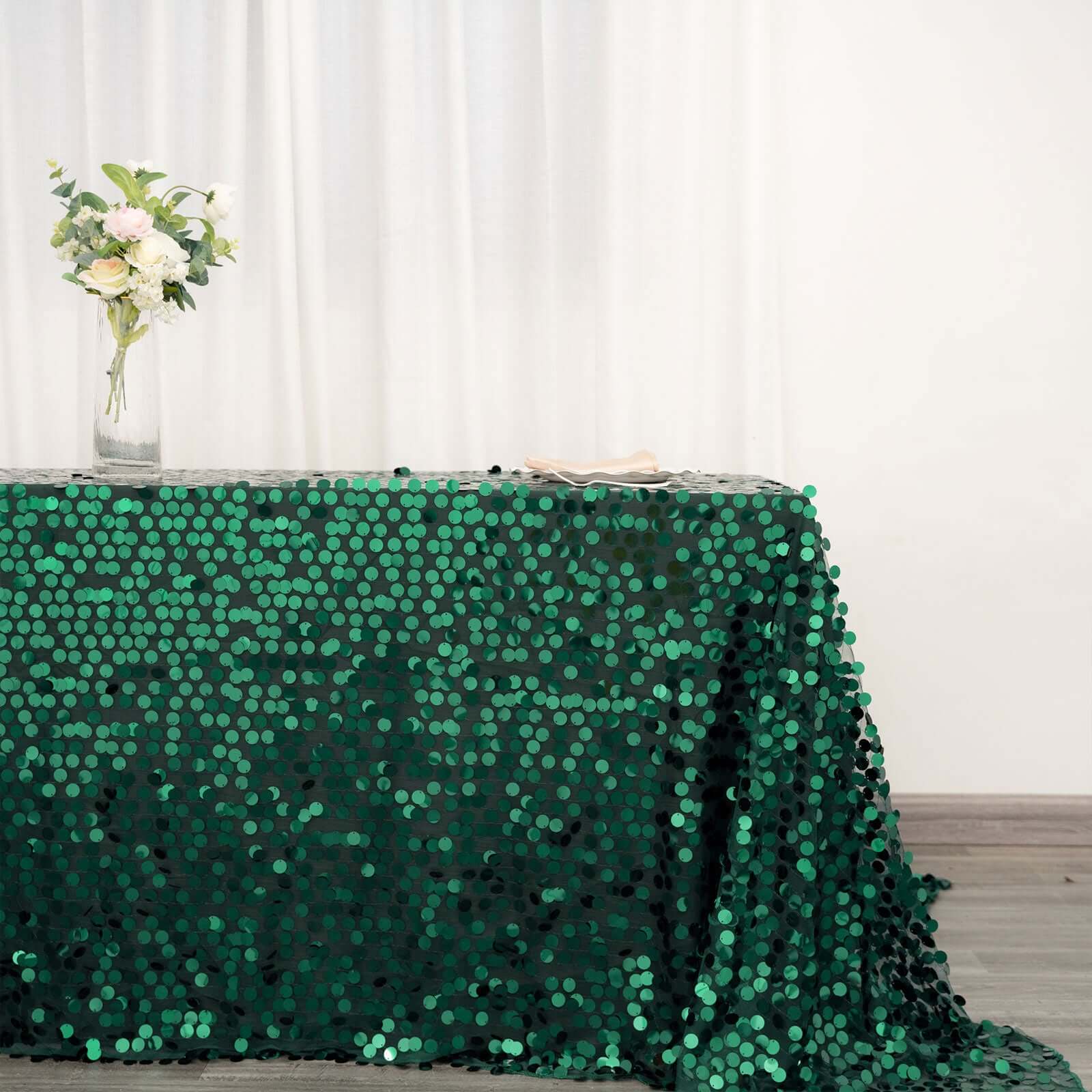 Sequin Rectangle Tablecloth 90"x132" Hunter Emerald Green - Big Payette Seamless Table Cover - Image 5