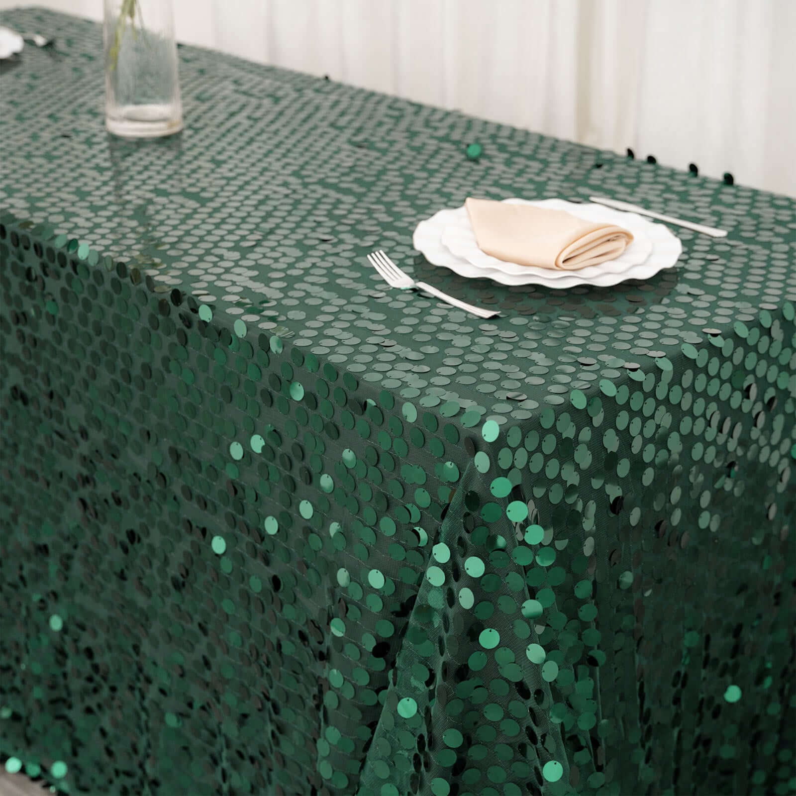Sequin Rectangle Tablecloth 90"x132" Hunter Emerald Green - Big Payette Seamless Table Cover - Image 7