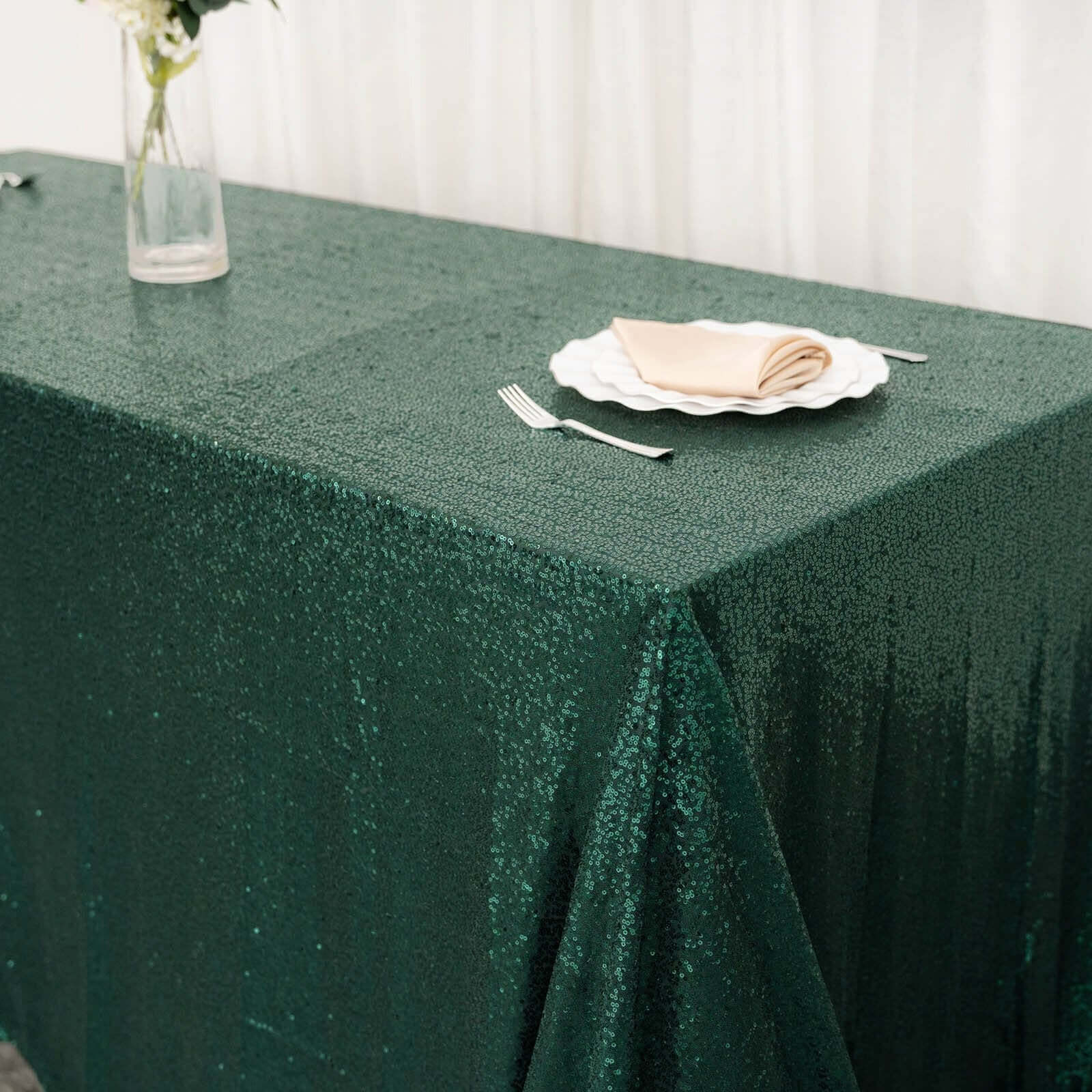 Sequin Rectangle Tablecloth 90"x132" Hunter Emerald Green - Seamless Glittering Finish Table Cover - Image 6