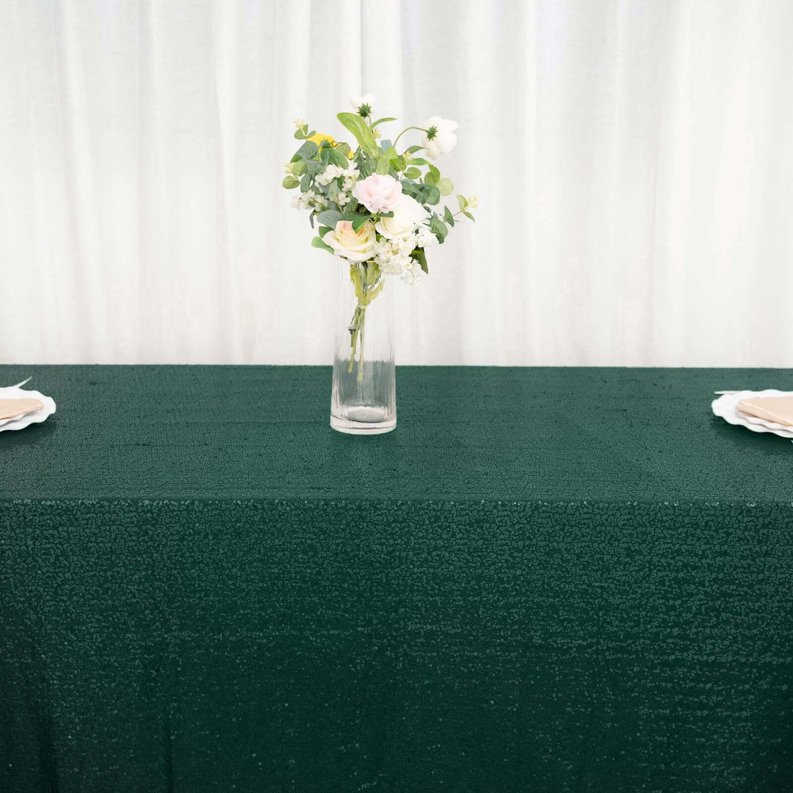 Sequin Rectangle Tablecloth 90"x132" Hunter Emerald Green - Seamless Glittering Finish Table Cover - Image 7