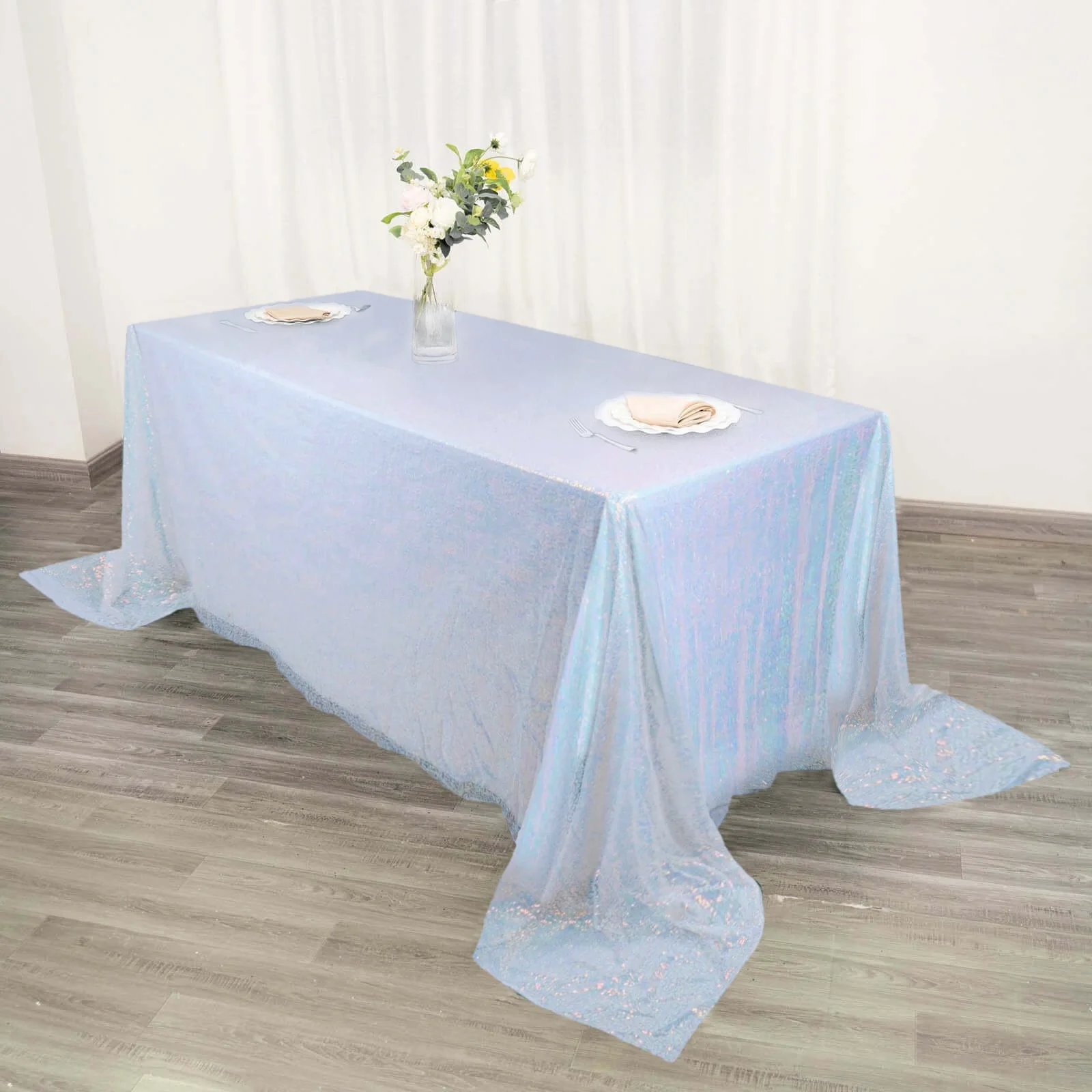 Sequin Rectangle Tablecloth 90"x132" Iridescent Blue - Seamless Glittering Finish Table Cover - Image 2