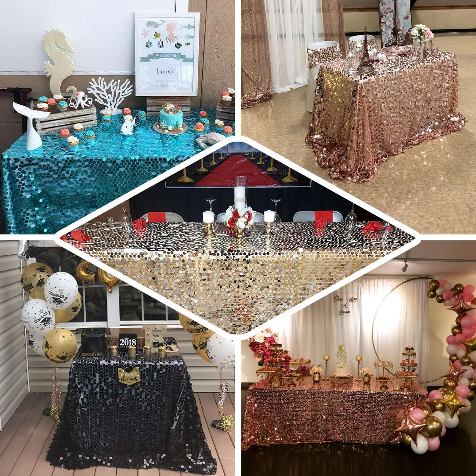 Sequin Rectangle Tablecloth 90"x132" Rose Gold - Big Payette Seamless Table Cover - Image 4