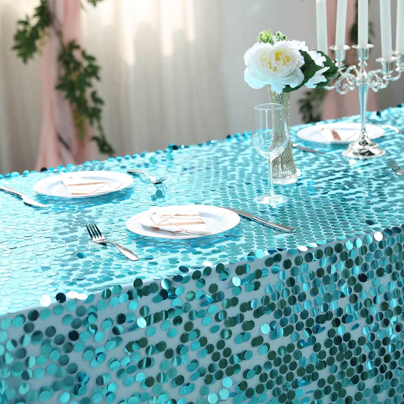 Sequin Rectangle Tablecloth 90"x132" Turquoise - Big Payette Seamless Table Cover - Image 2