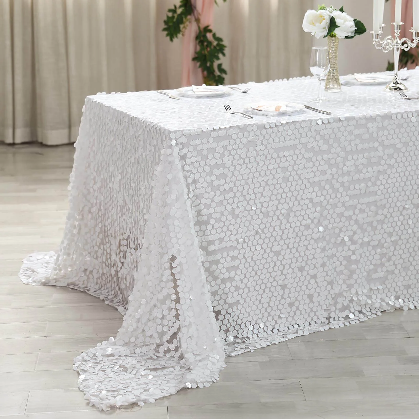 Sequin Rectangle Tablecloth 90"x132" White with Big Payette Design - Seamless Glittering Decor for Weddings - Image 2