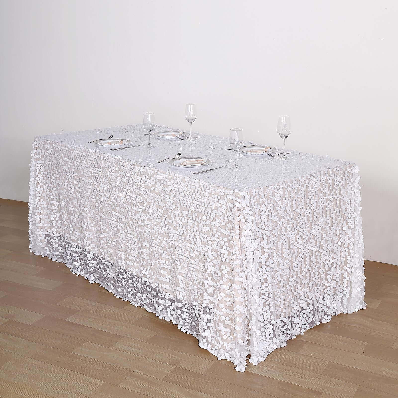 Sequin Rectangle Tablecloth 90"x132" White with Big Payette Design - Seamless Glittering Decor for Weddings - Image 3
