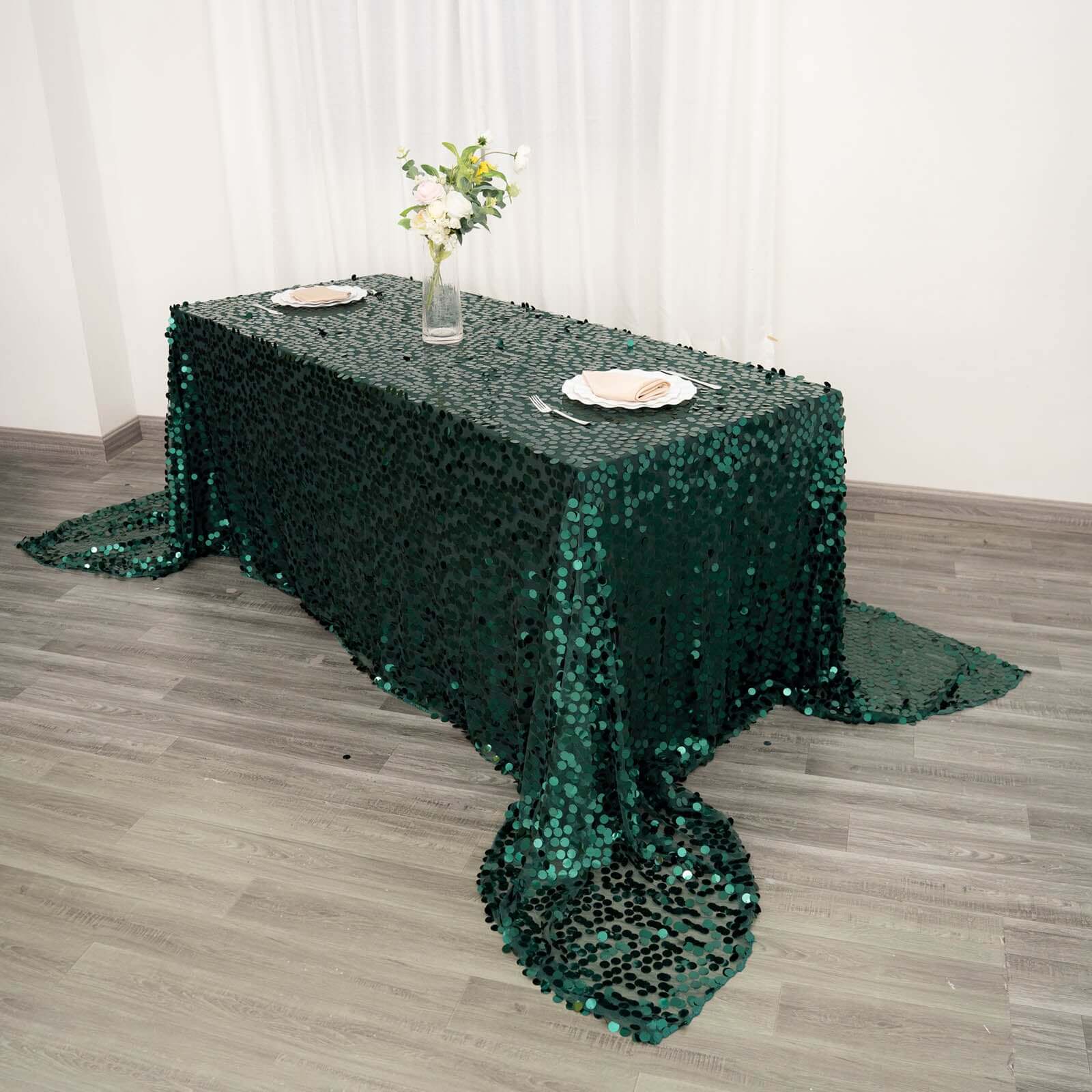 Sequin Rectangle Tablecloth 90"x156" Hunter Emerald Green - Big Payette Seamless Table Cover - Image 2