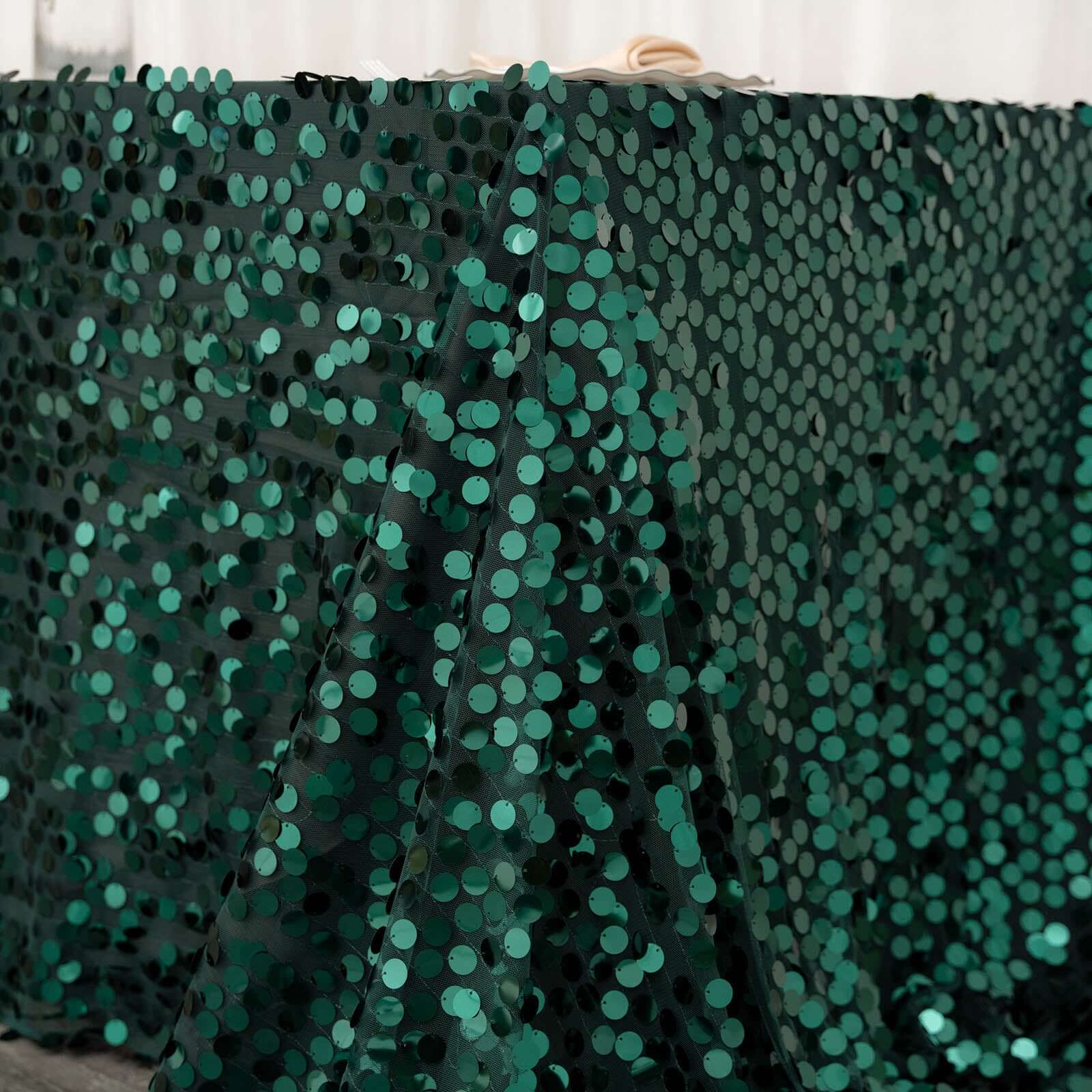 Sequin Rectangle Tablecloth 90"x156" Hunter Emerald Green - Big Payette Seamless Table Cover - Image 8