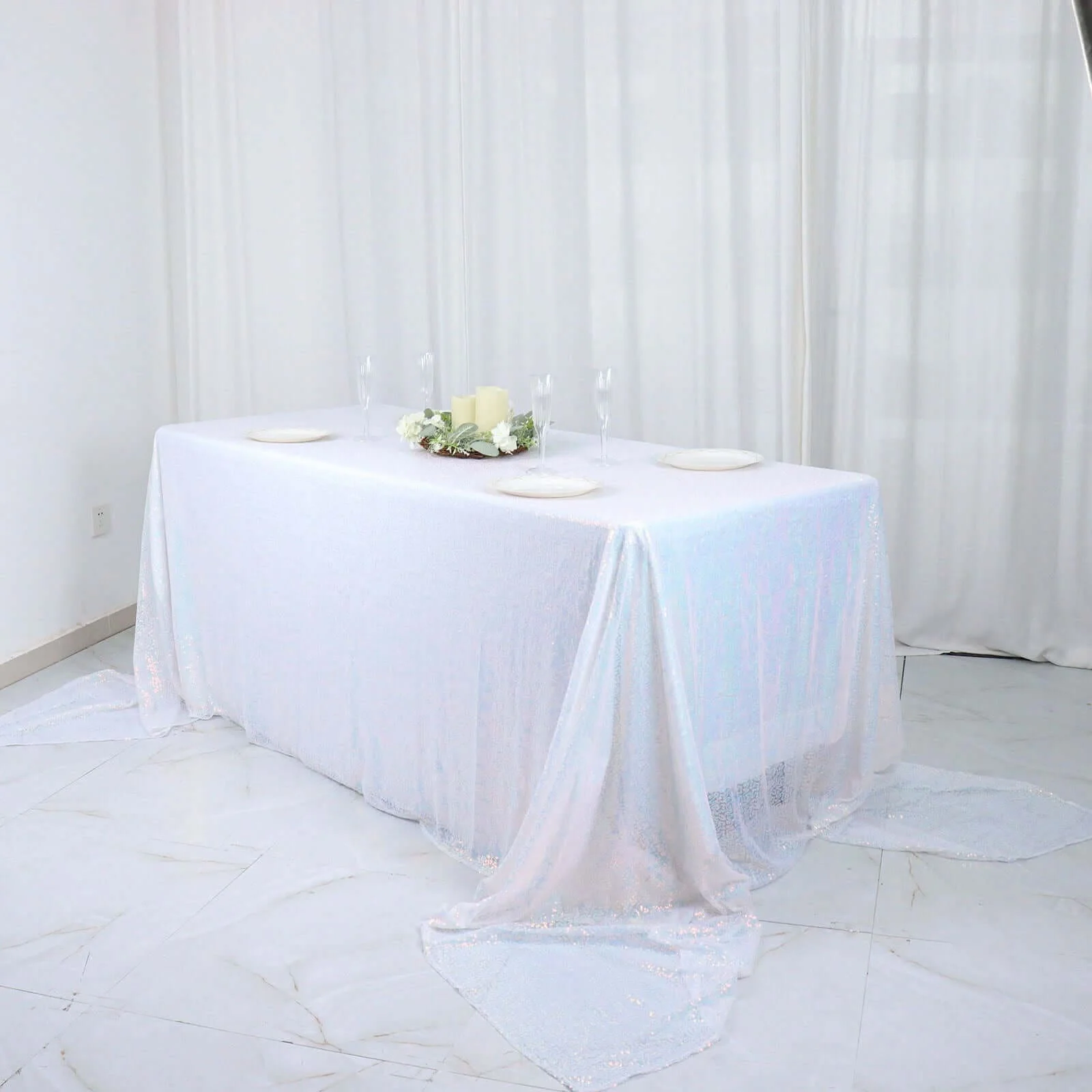 Sequin Rectangle Tablecloth 90"x156" Iridescent Blue - Seamless Shimmering Finish Table Cover - Image 2