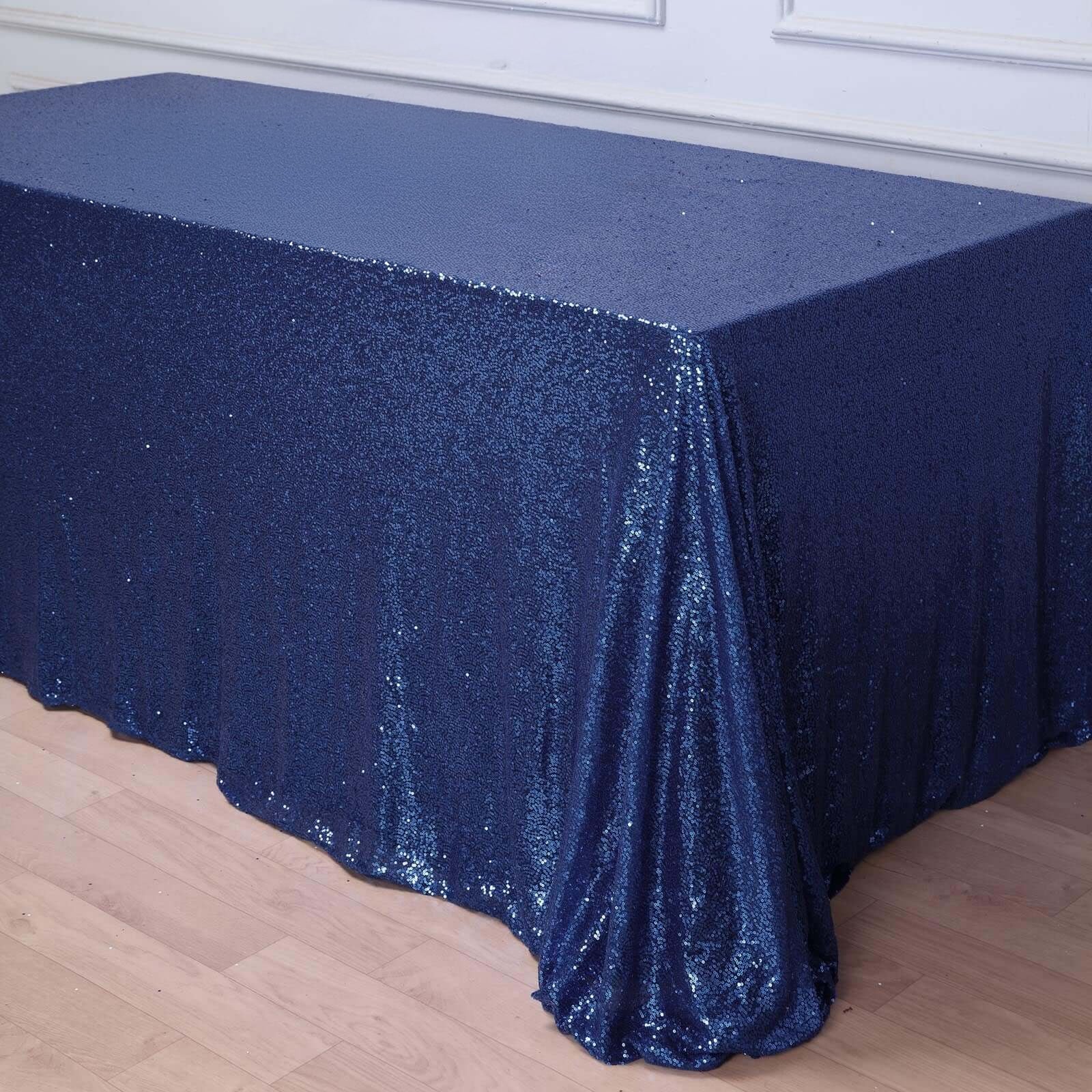 Sequin Rectangle Tablecloth 90"x156" Navy Blue - Seamless Shimmering Finish Table Cover - Image 2