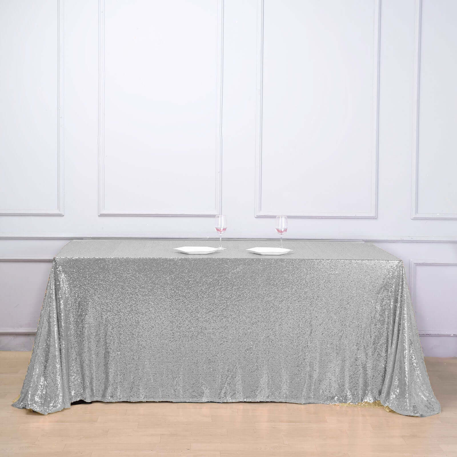 Sequin Rectangle Tablecloth 90"x156" Silver - Seamless Shimmering Finish Table Cover - Image 2